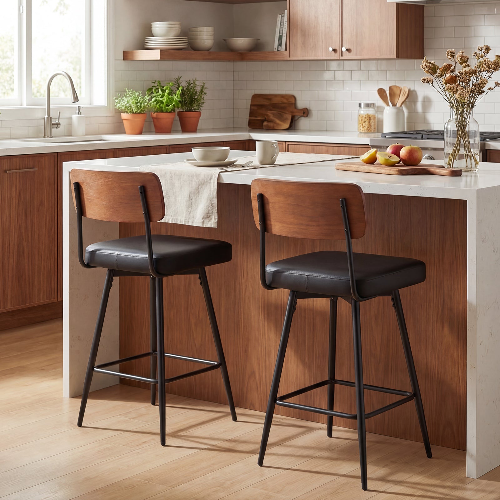 ELLEGNT 2 PCS 27 in Padded Counter Barstools Set  with Wooden Backrest and Metal Legs  Black