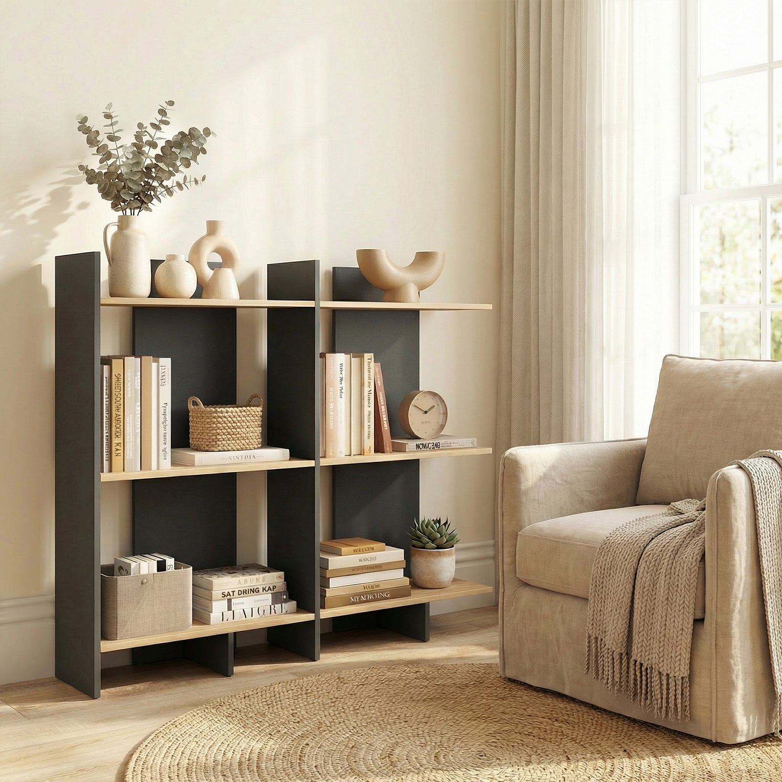 ELLEGNT 2 PCS Freestanding Bookshelf-3-Tier Open Storage Shelf with Wall Anti-Tip Device Oak+Gray