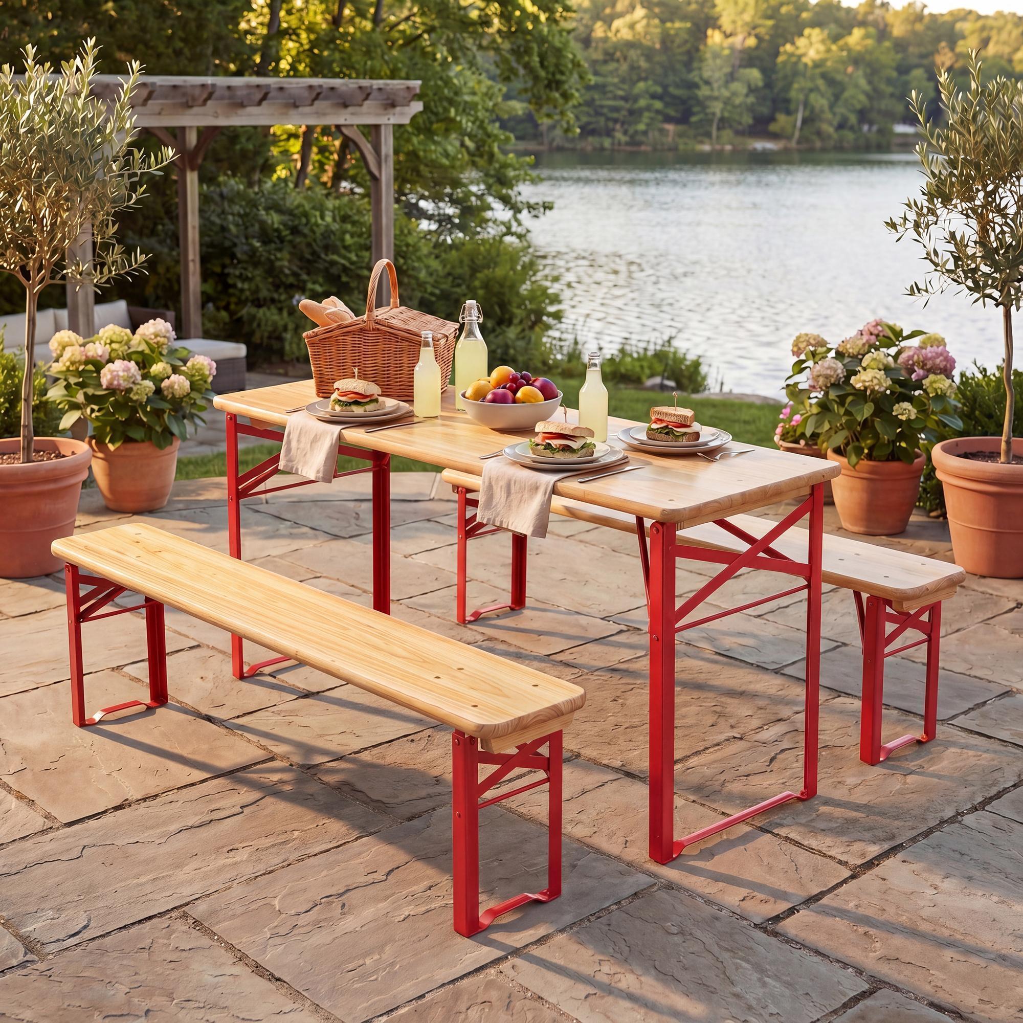ELLEGNT 43.5 in Folding Picnic Table and Bench Set for Kids-0.8 in Thick Fir Wood Top, Red + Natural