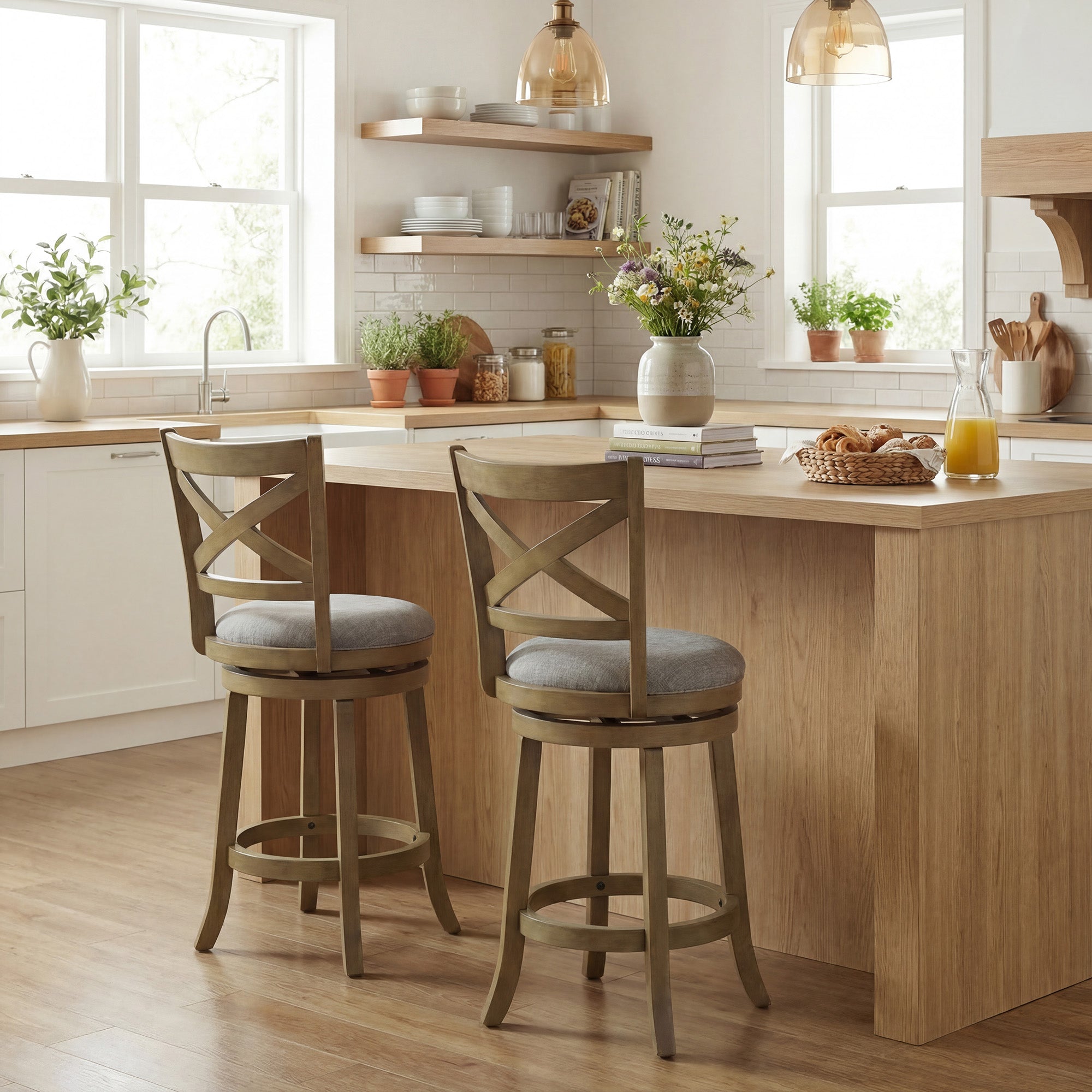 ELLEGNT 2 PCS 25 in Swivel Bar Stools with Backrests-Counter Height Kitchen Barstools
