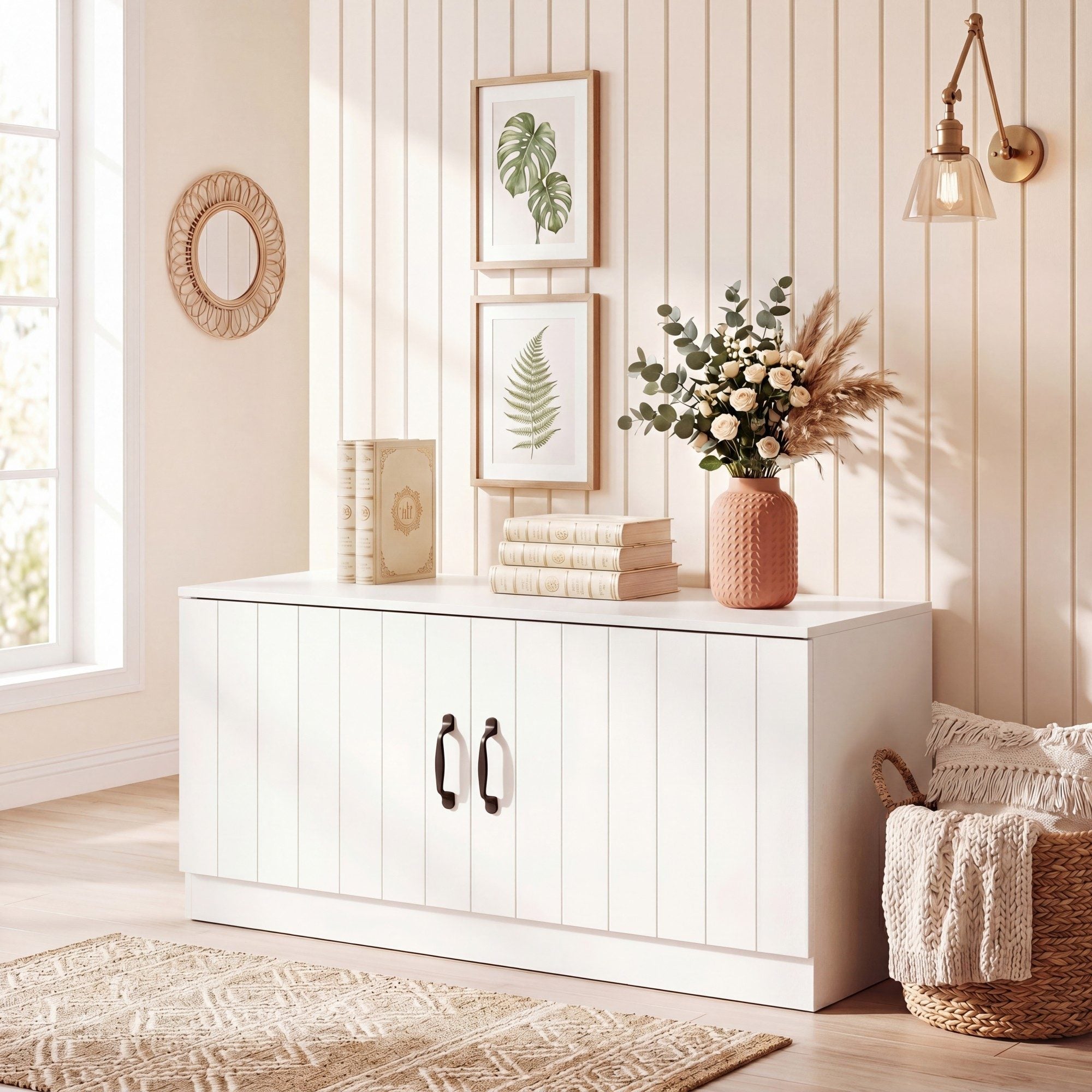 ELLEGNT Shoe Bench with 2 Doors and Adjustable Shelves-Hidden Storage for Hallway or Mudroom, White