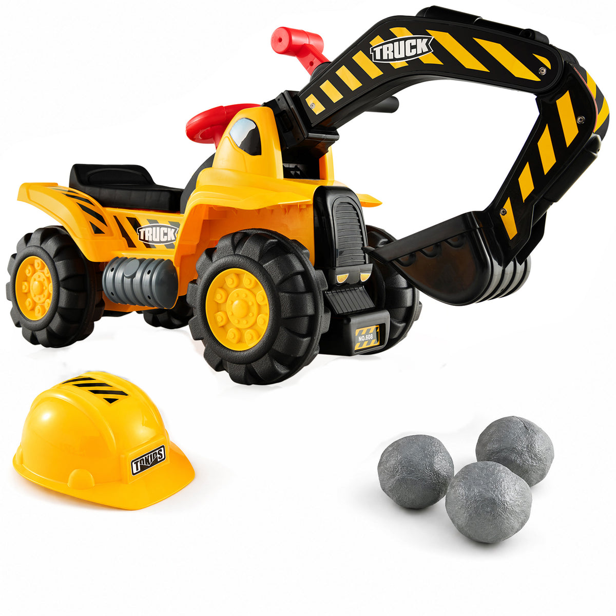 ELLEGNT Kids Ride On Excavator with Helmet, Rocks, Under Seat Storage, Sound Effects, Ages 3 Up