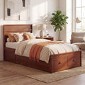 ELLEGNT Bed Frame Twin Size, Wooden Slat Support, Headboard and Storage Drawers,  Walnut