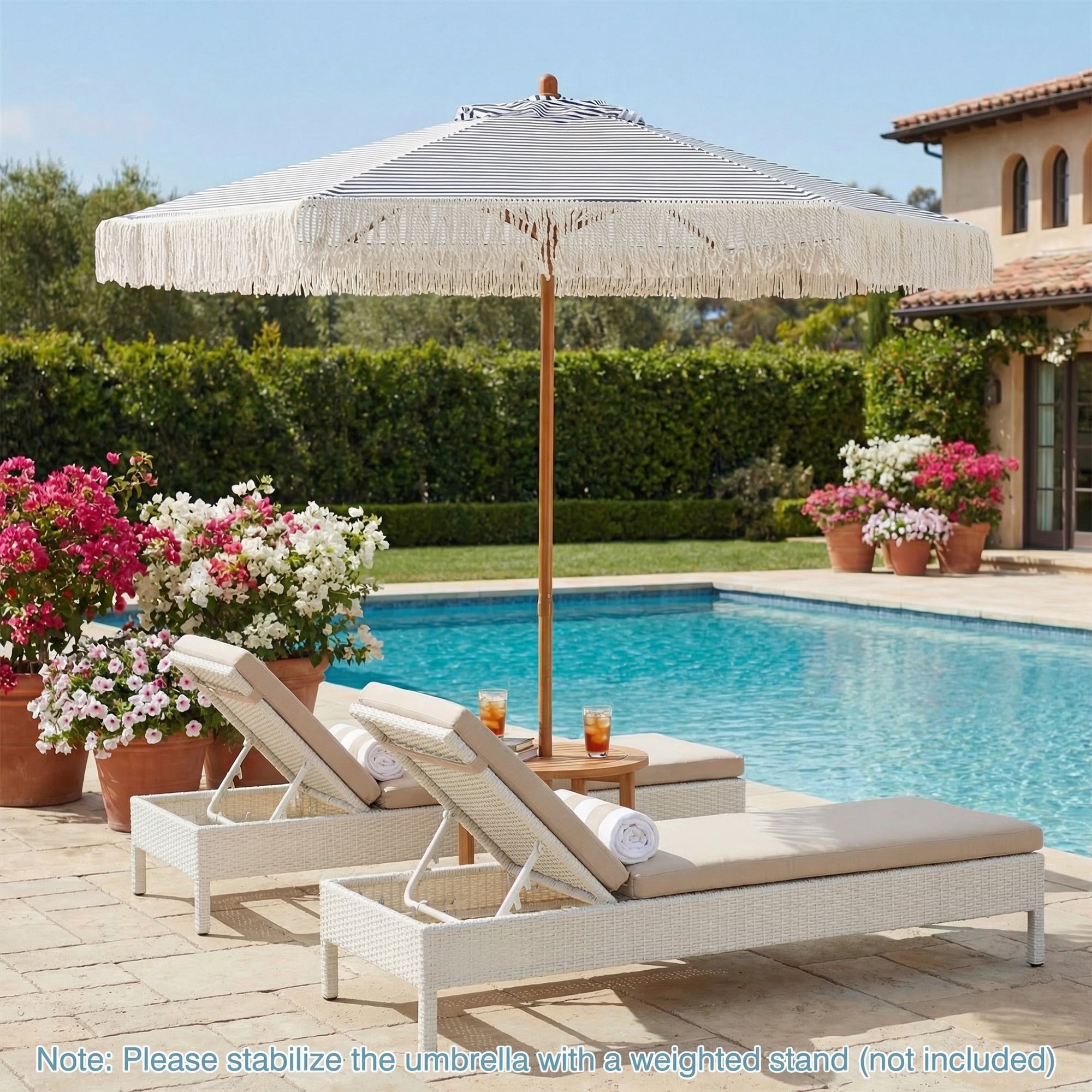 ELLEGNT 7FT Umbrella with Fringe-Sun-Protective Polyester Canopy, Cute Patio and Beach Umbrella, Blue + White + Natural