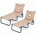 ELLEGNT 2 PCS Beach Lounger with 4?Position Reclining Backrest, Removable Pillows and Face Hole-Folding Design, Beige