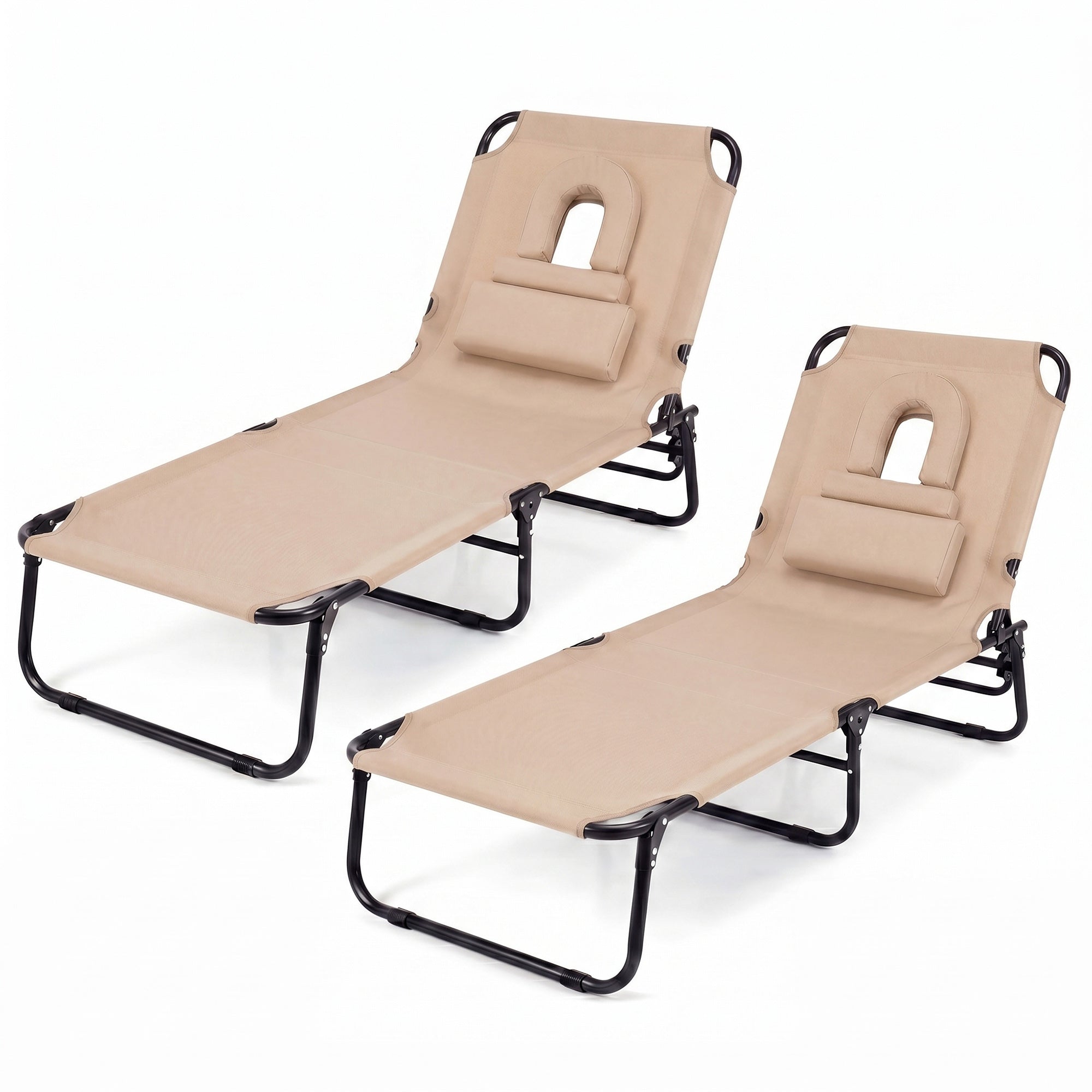 ELLEGNT 2 PCS Beach Lounger with 4?Position Reclining Backrest, Removable Pillows and Face Hole-Folding Design, Beige