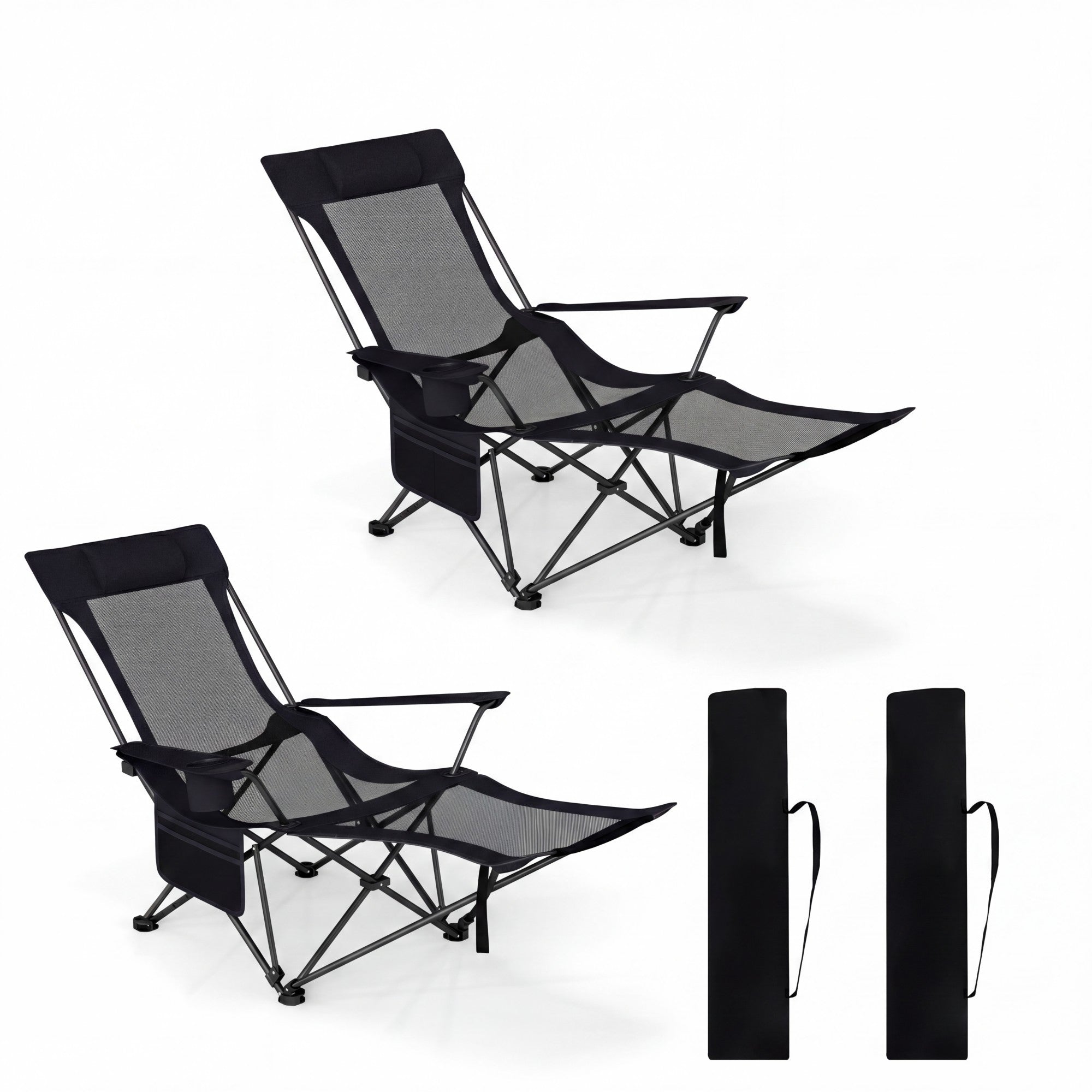 ELLEGNT 2 PCS Detachable Footrest Camping Chair-4?Position Reclining Backrest, Lounge Chair with Carrying Bag, Black