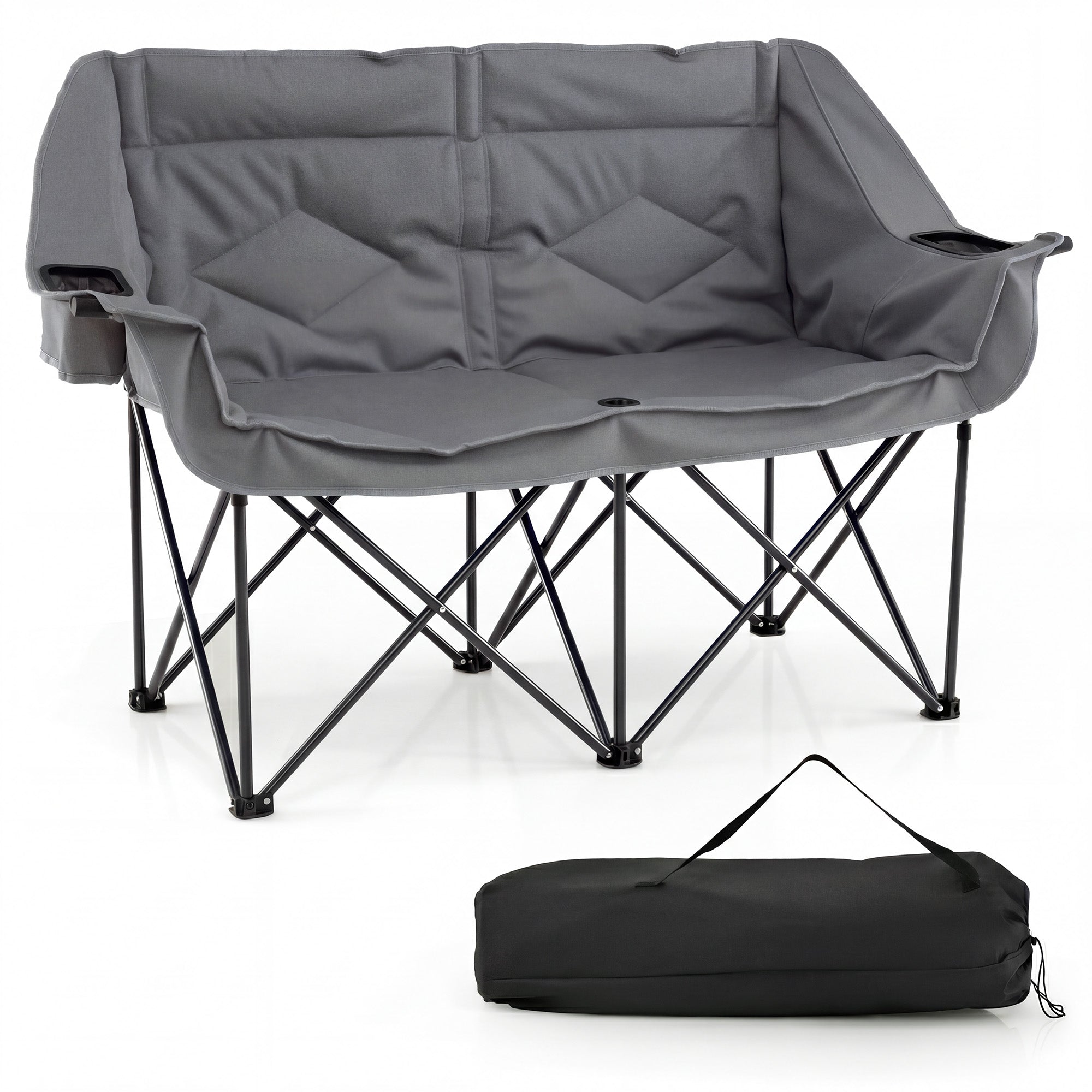 ELLEGNT Camping Chair for Two-Includes Cup Holders, Glass Racks, Mesh Pockets and Carry Bag, Gray