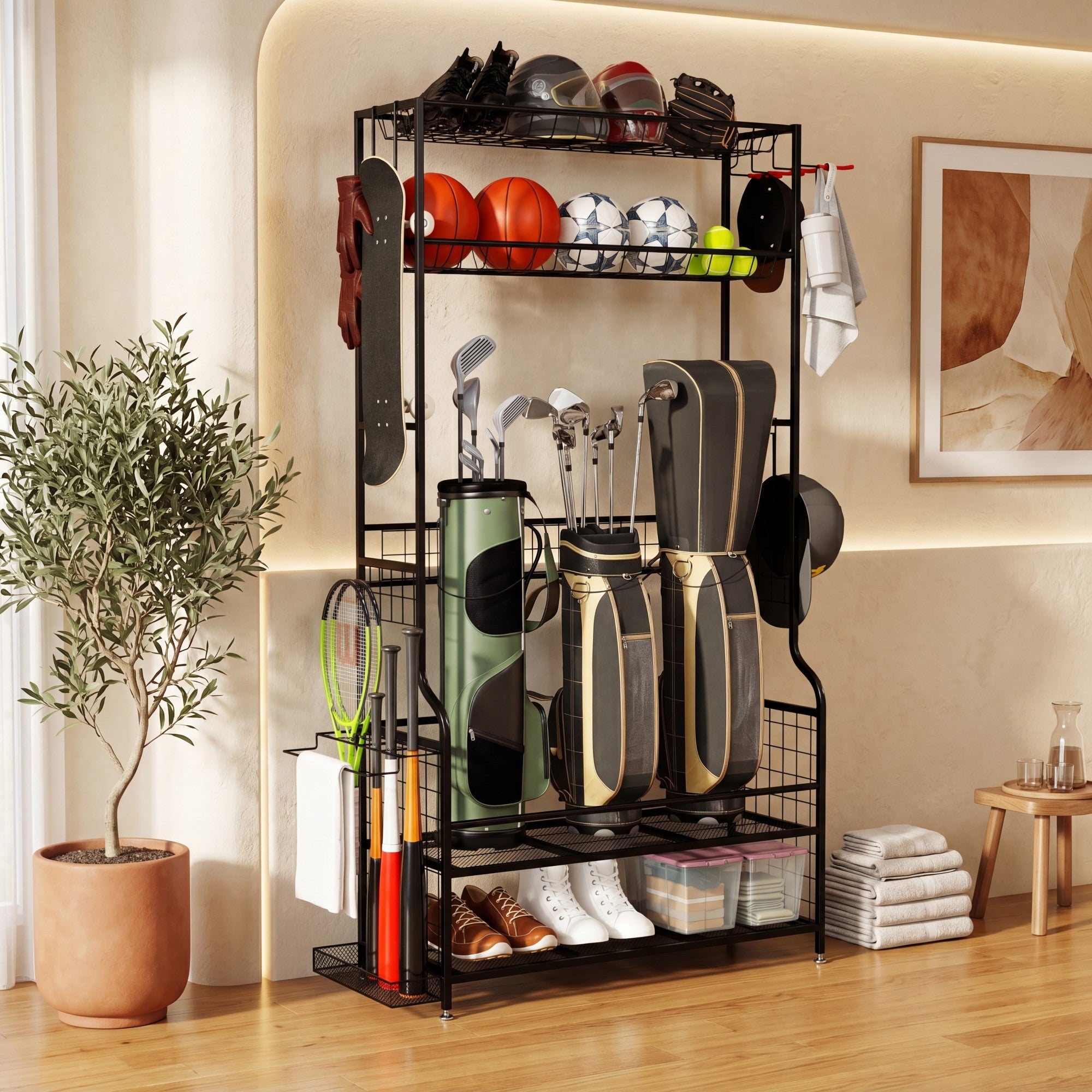 ELLEGNT Mobile Golf Bags Storage Organizer-Rolling Sports Equipment Rack with Wheels