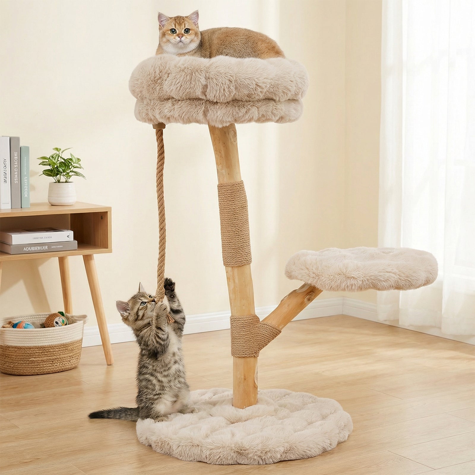 ELLEGNT Modern Solid Wood Cat Scratching Tree-Cat Tower with Luxurious Perch and Teasing Rope Apricot
