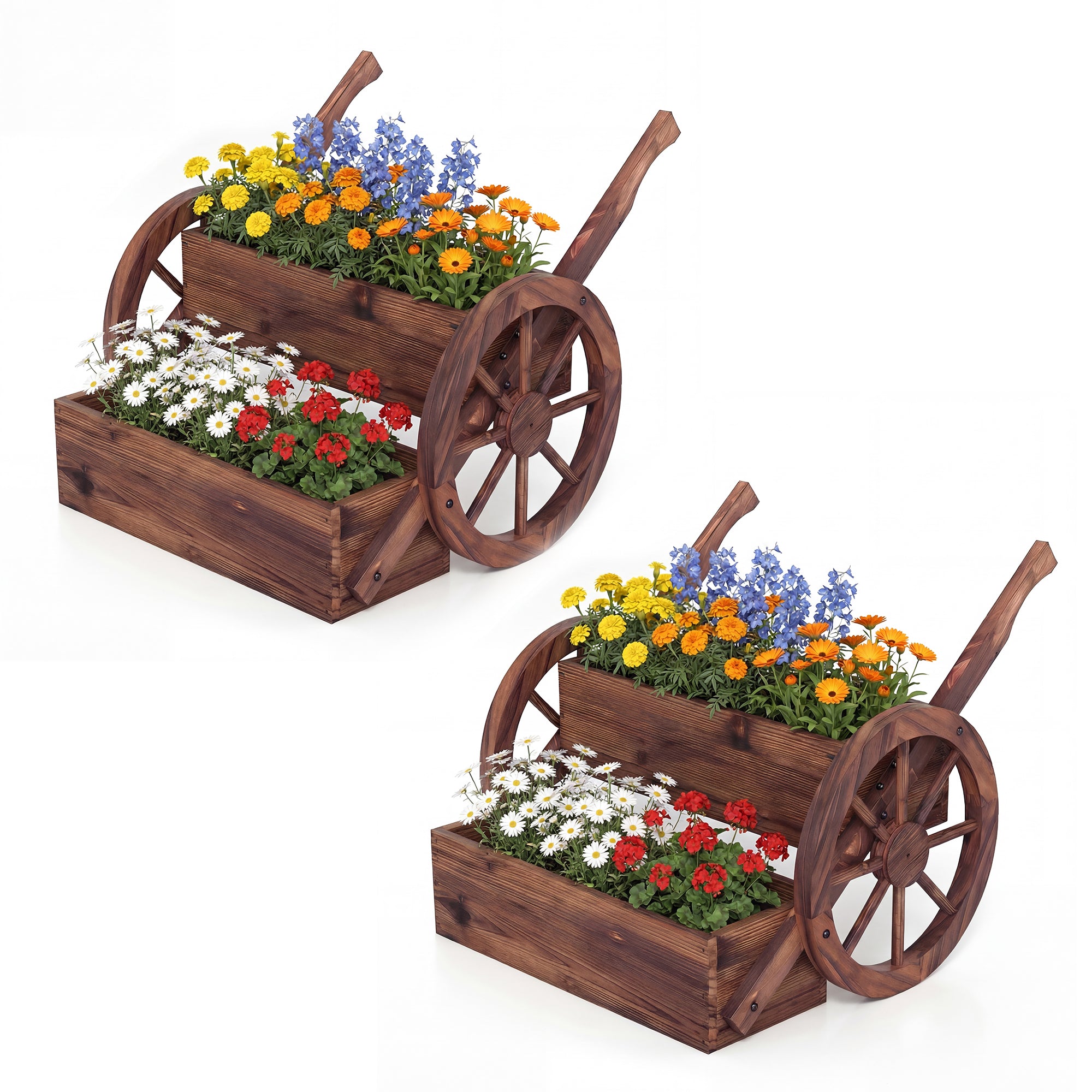 ELLEGNT 2 PCS Rustic Wood Wagon Planter-Mobile Garden Cart with Wheels, Handles, and Drainage for Patio or Balcony