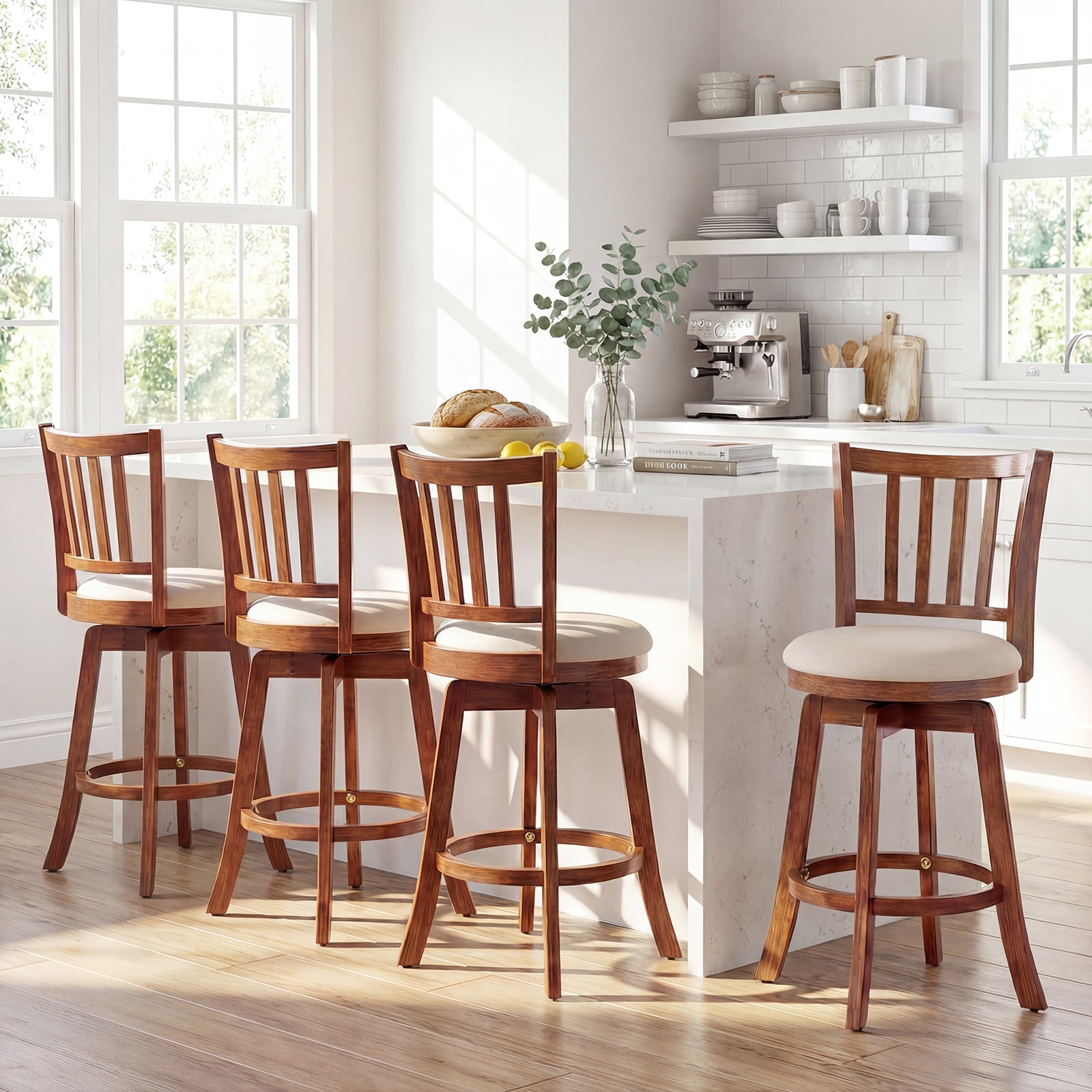 ELLEGNT 4 PCS 25 in Upholstered Swivel Barstools with Backrest and Footrest for Counter Height