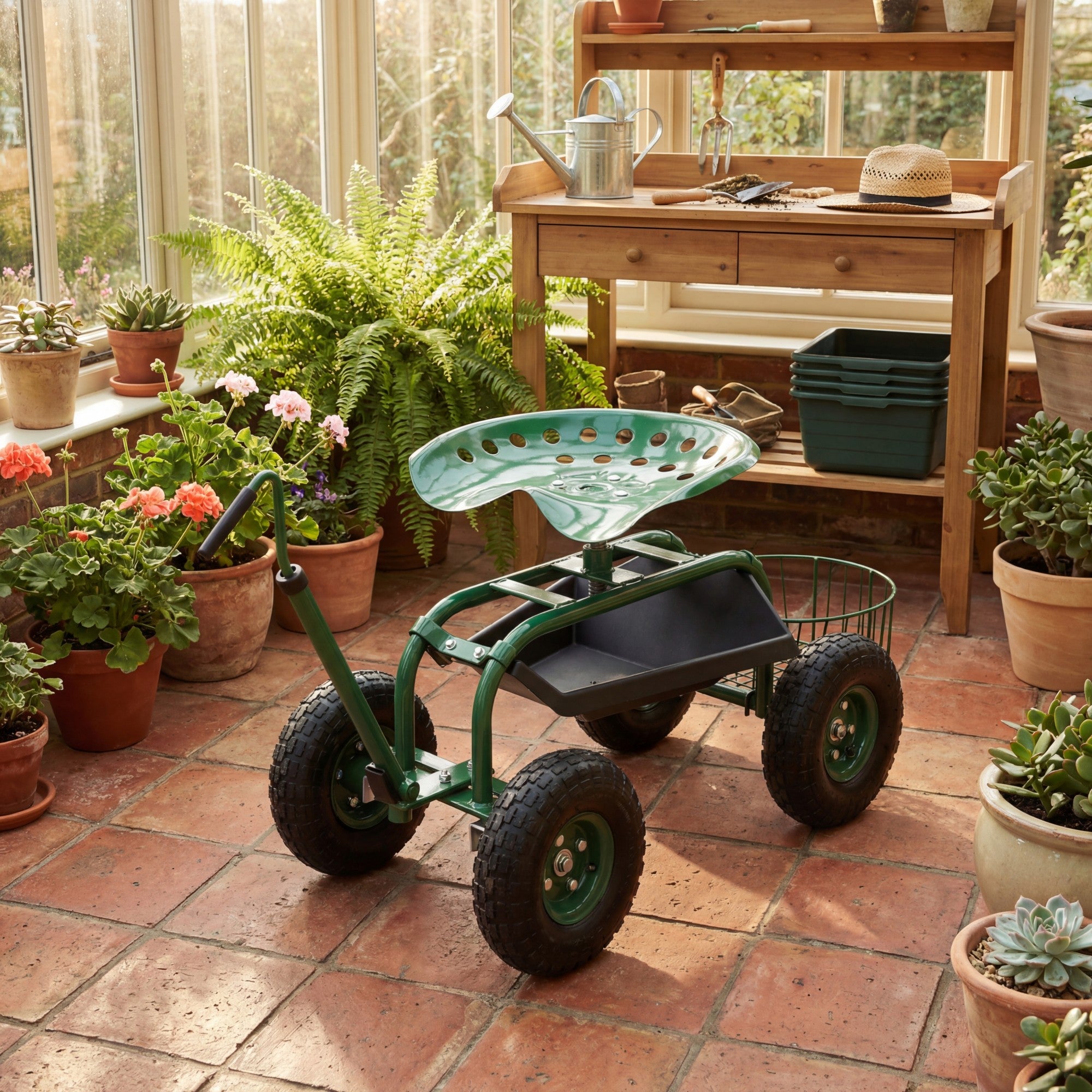 ELLEGNT Rolling Garden Cart-Work Seat with Extendable Handle for Planting,Green