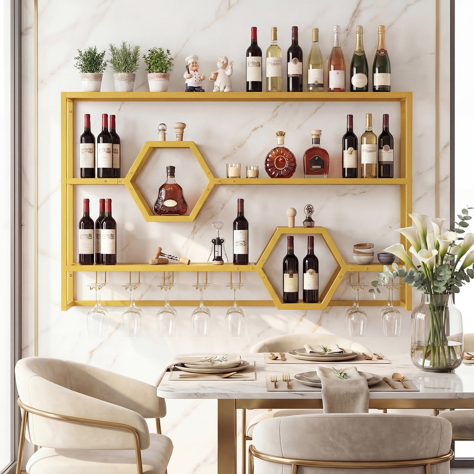 ELLEGNT 47 in Wall Mounted Wine Rack with Glass Holder-Large Floating Bar Shelf for Kitchen, Gold