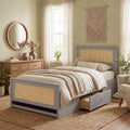 ELLEGNT Twin Size Bed Frame with Rattan Headboard and 2 Drawers Gray