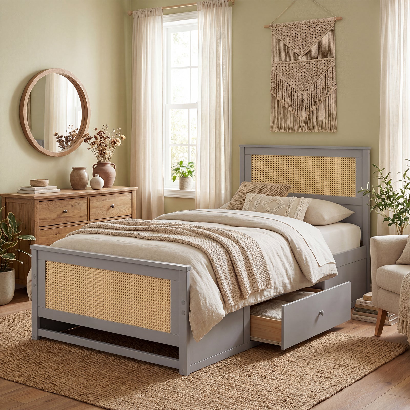 ELLEGNT Twin Size Bed Frame with Rattan Headboard and 2 Drawers Gray