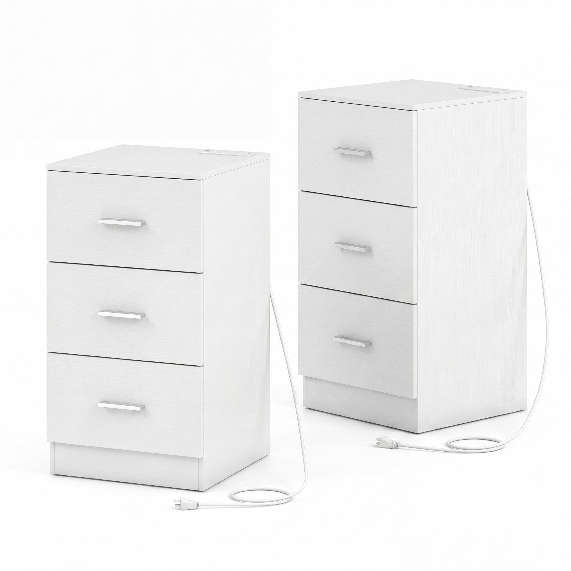 ELLEGNT 2 PCS Bedroom Nightstand with Charging Ports-3 Drawer Storage Side Table for Living Room or Guest Room, White