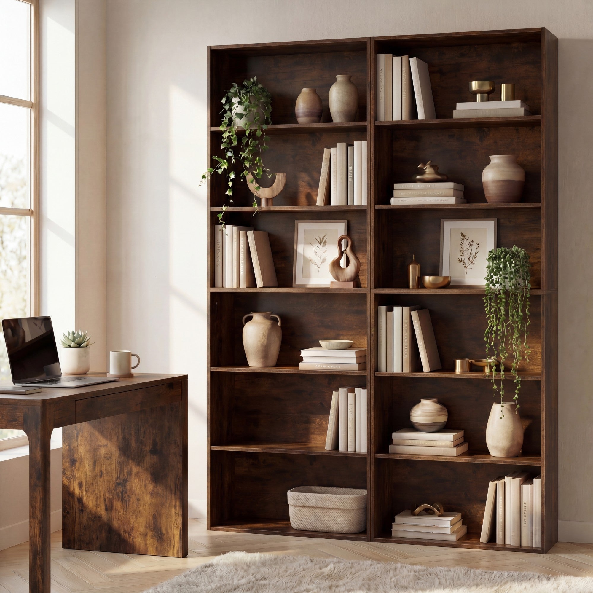 ELLEGNT 2 PCS 6-Tier Open Shelves Bookshelf with Anti-Tipping Kits- Storage Rack for Living Room, Bedroom, Study, Brown