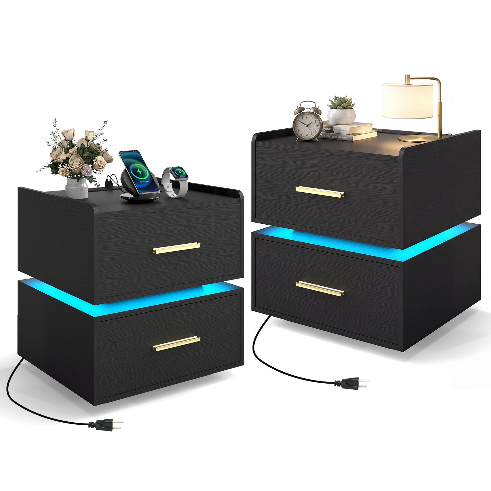 ELLEGNT 2 PCS LED Bedside Table with Charging Station, 2 Storage Drawers Nightstand, Black