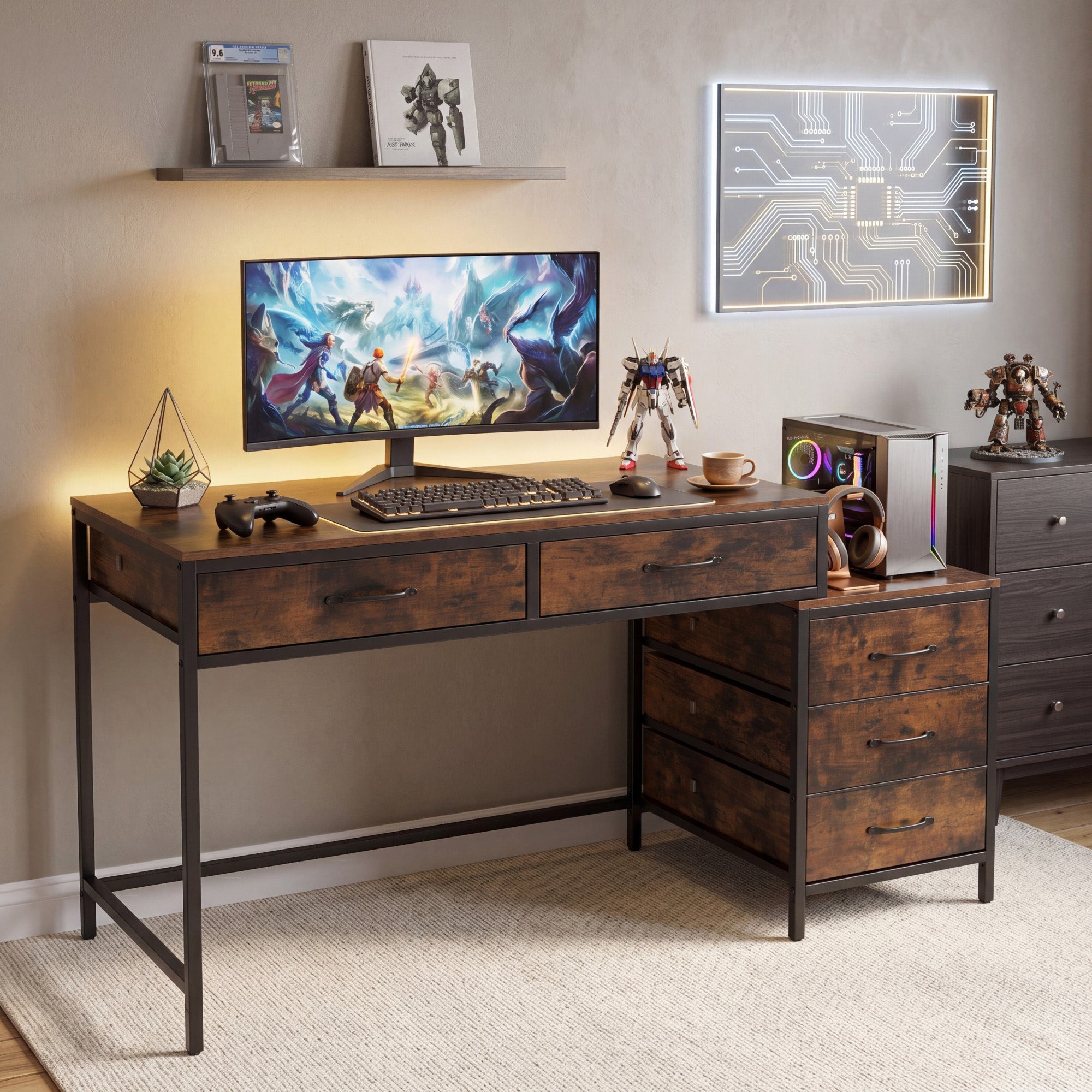 ELLEGNT Home Office Desk with 5 Drawers-51 Inch, Reversible Drawer Design, Rustic Brown