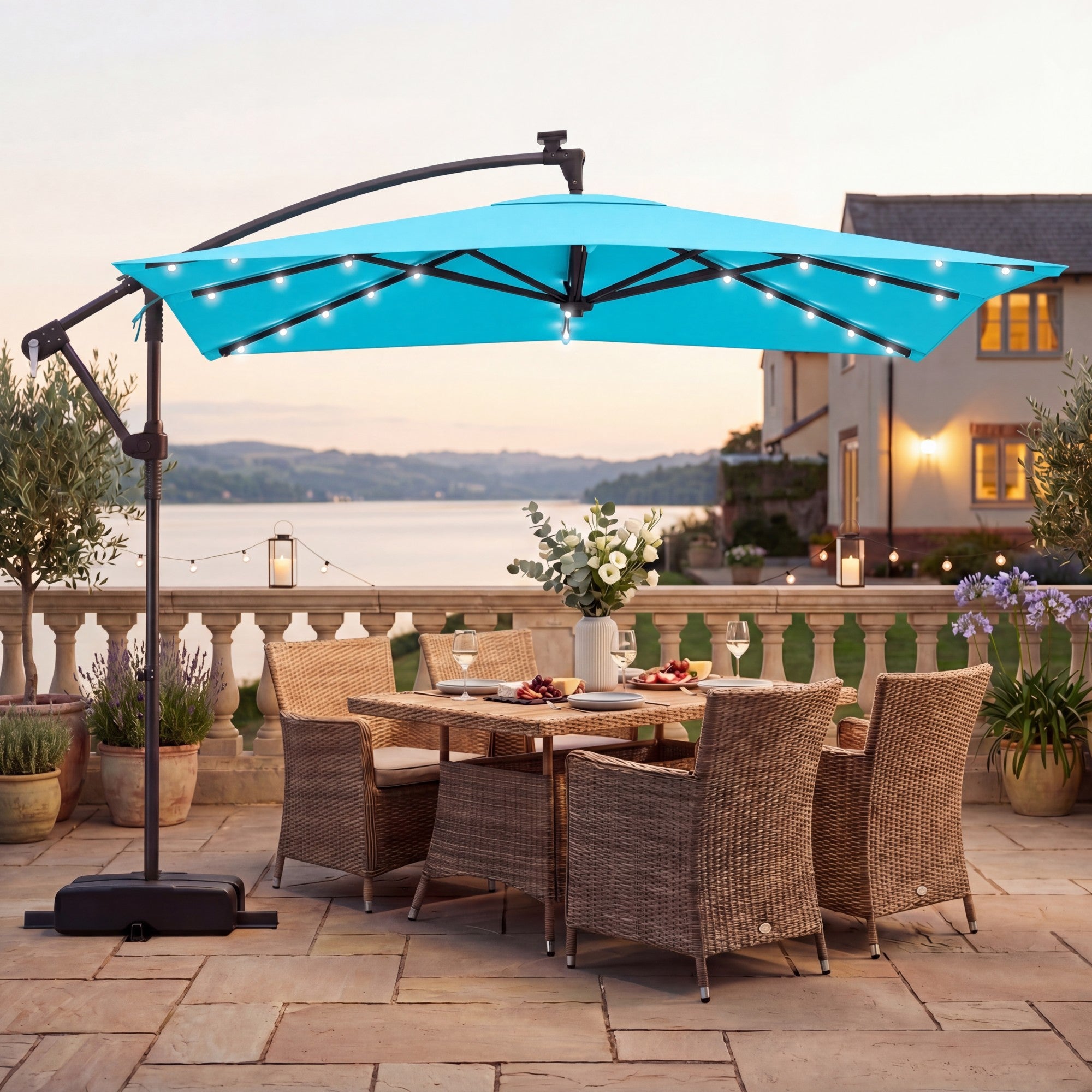 ELLEGNT 8 x 8 FT  Solar LED Cantilever Umbrella-Square Offset Hanging Patio Umbrella for Outdoor, Turquoise
