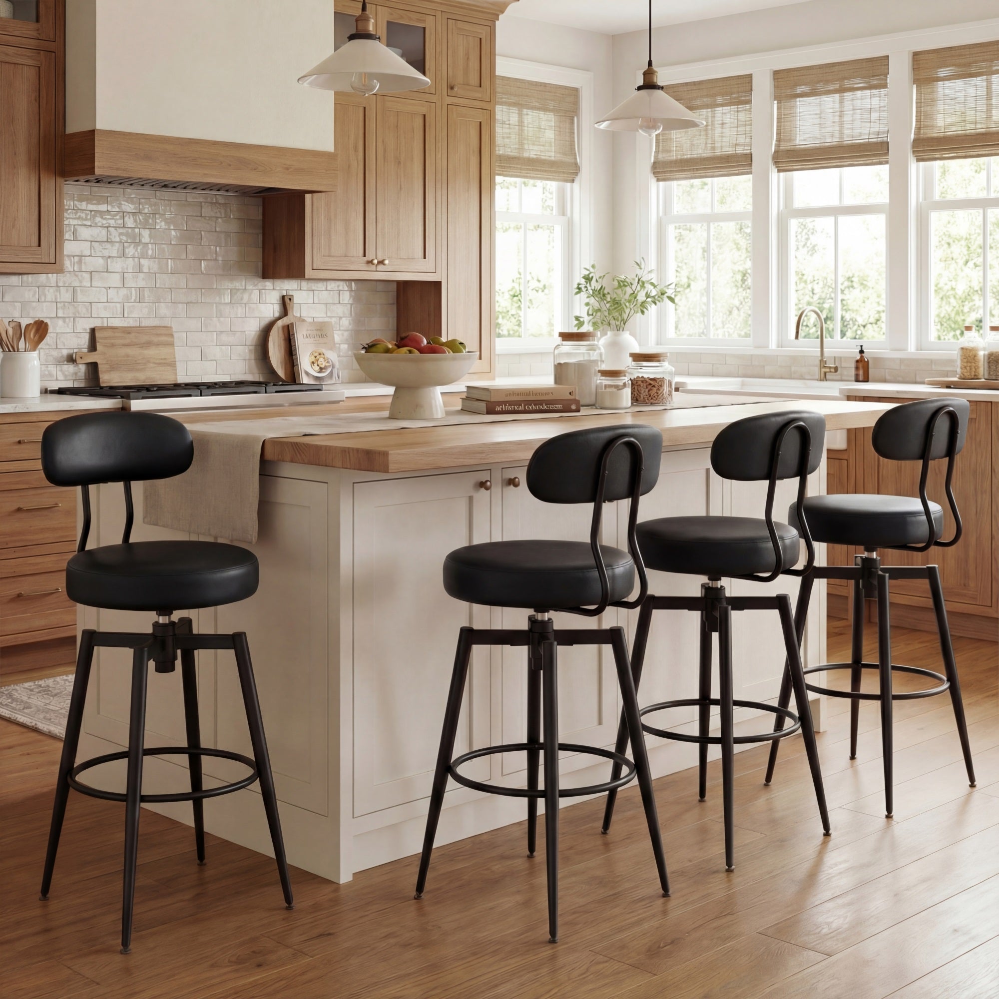 ELLEGNT 4 PCS Bar Height Swivel Stools-Faux Leather Upholstered Seat and Back, Black