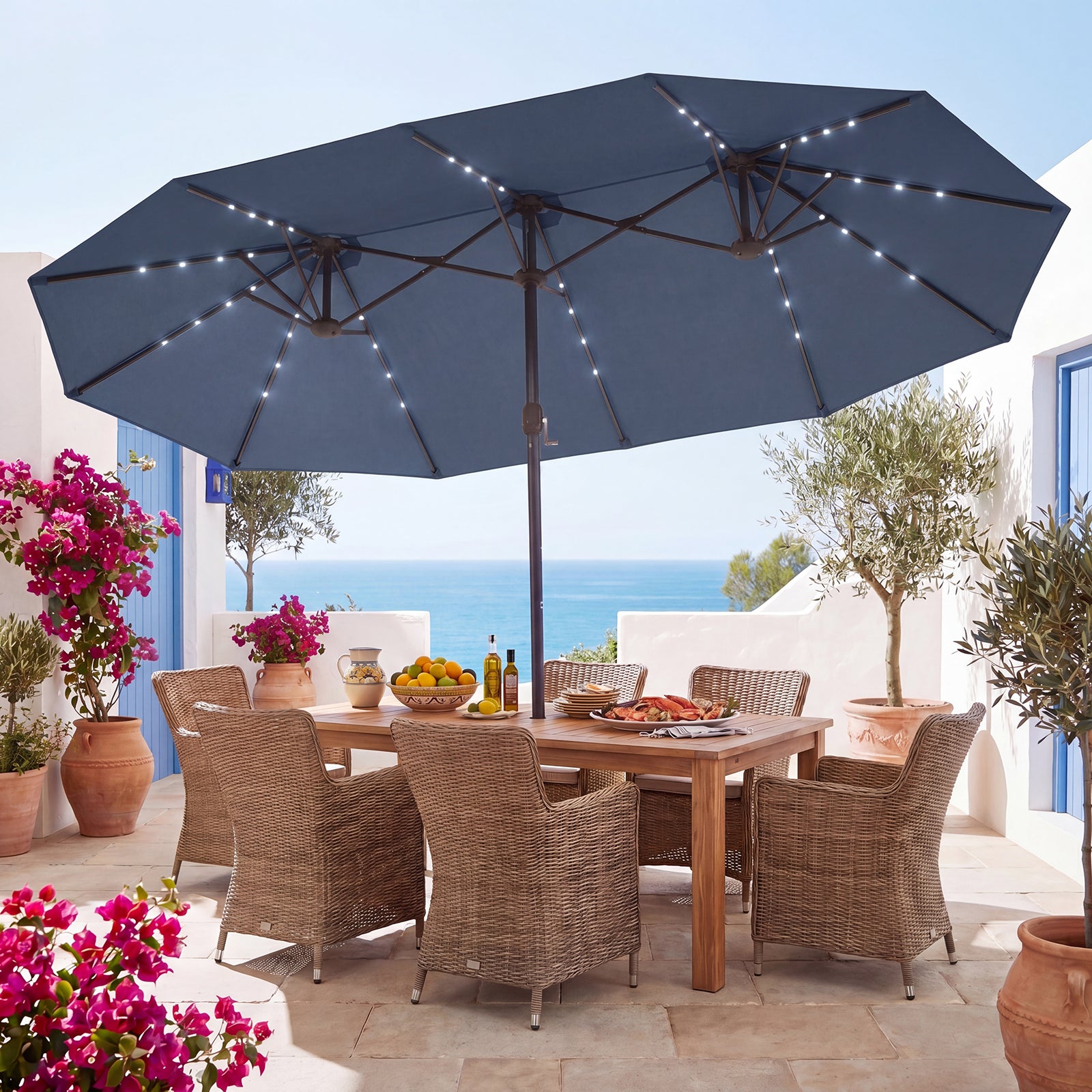 ELLEGNT Solar LED Double?Sided Patio Umbrella-15FT, Crank and Base Included, Gray