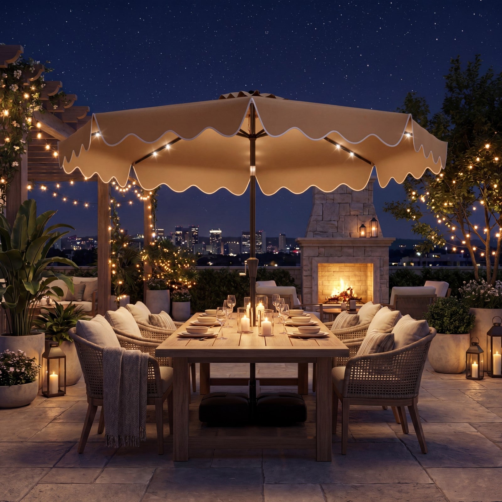 ELLEGNT Solar LED 10 FT Patio Umbrella-Includes 32 Lights, Weighted Base, Sandbags, Brown