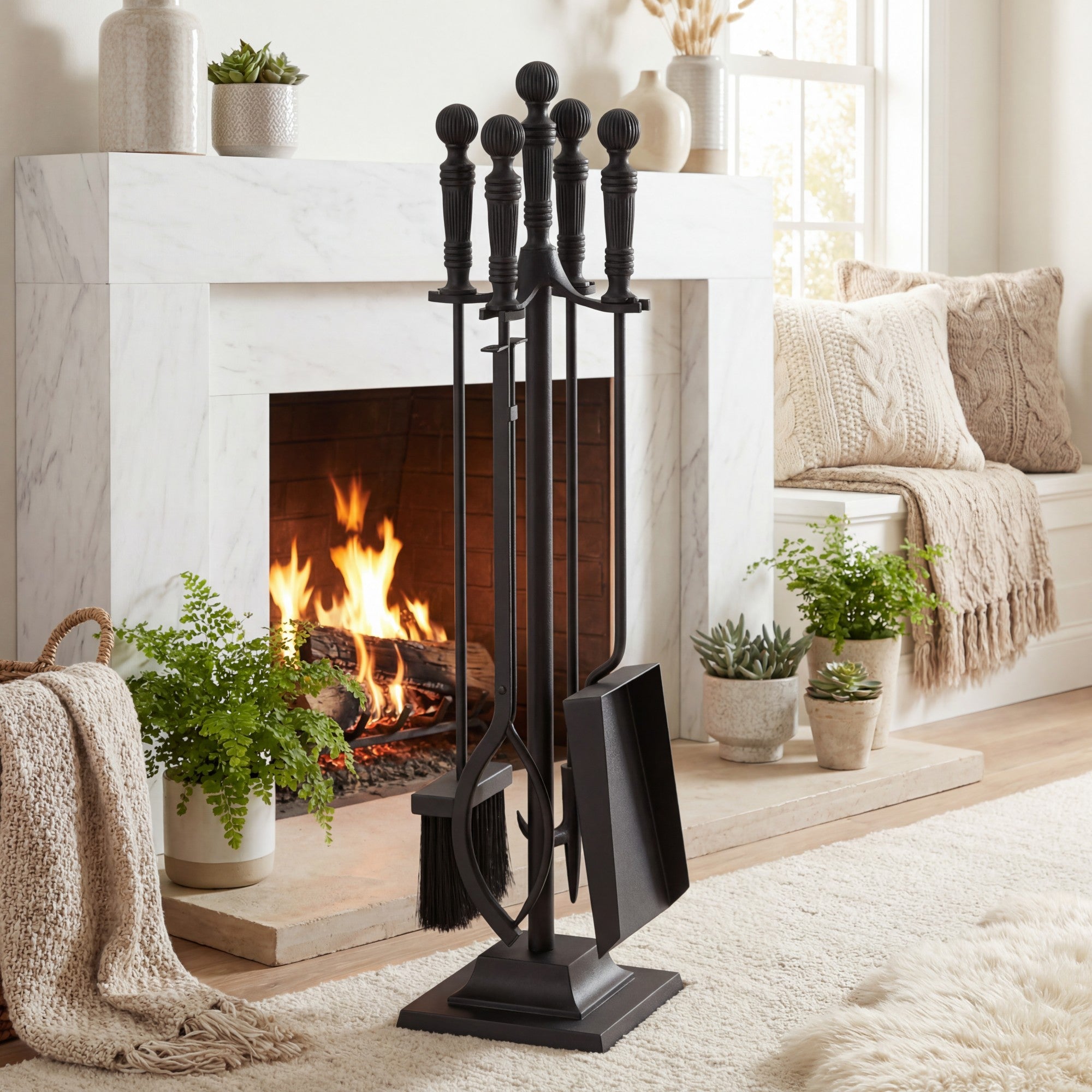 ELLEGNT Square Stand Fireplace Tool Set-5 Pieces with Poker, Tongs, Brush and Shovel Black