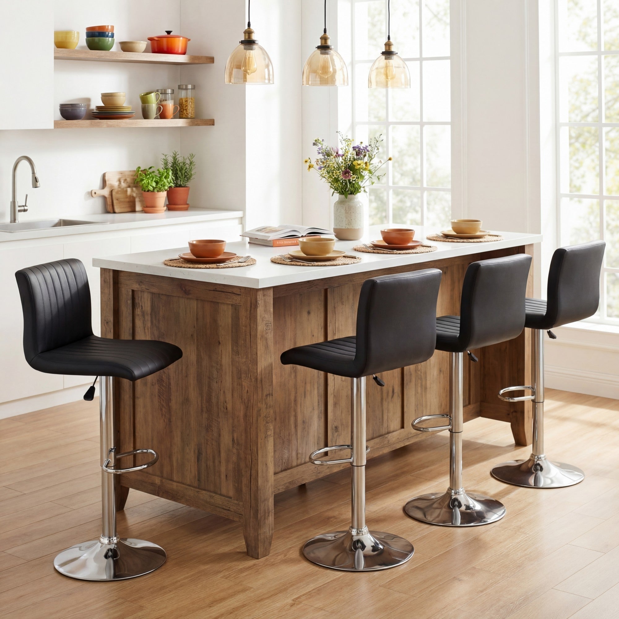 ELLEGNT 4 PCS Modern Bar Chairs-Adjustable Swivel, Upholstered Faux Leather, Back and Footrest, Counter Height for Kitchen and Home Bar, Black