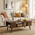 ELLEGNT 42 in Walnut Rectangular Center Table-Coffee Table with Open Compartment and 2 Side Storage Shelves