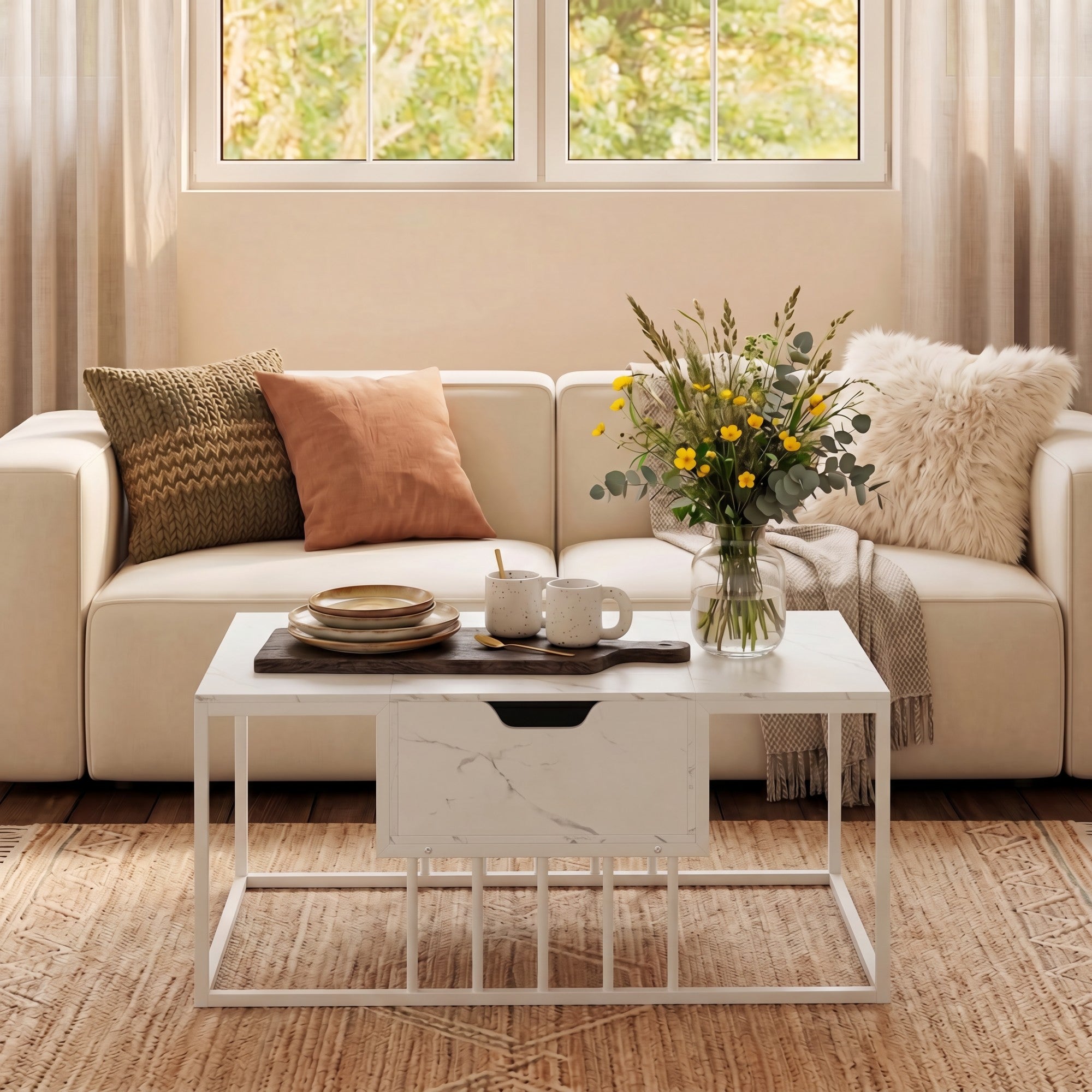 ELLEGNT Modern Lift Top Coffee Table-Accent Tea Table and Center Table for Living Room, White
