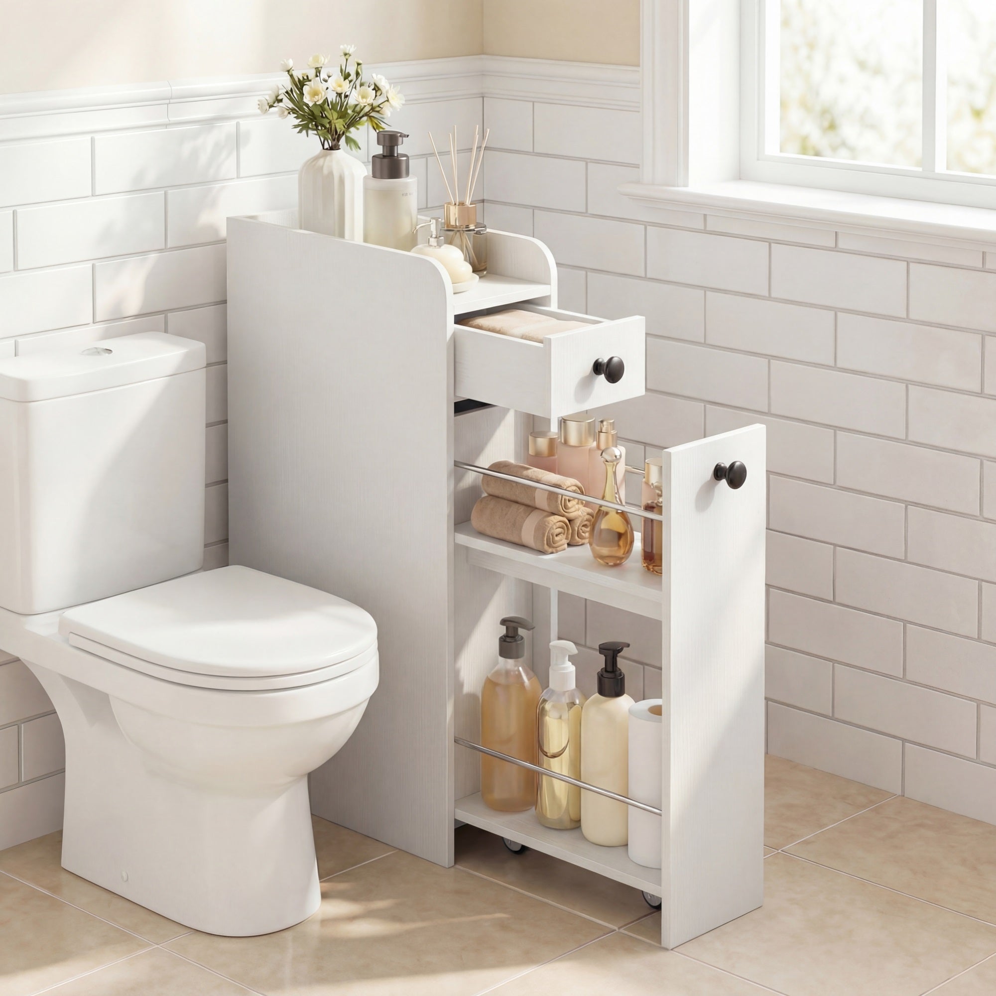 ELLEGNT Bathroom Storage Cabinet on Rolling Wheels-Slim Design, Slide-Out Drawer, Spacious Top, White