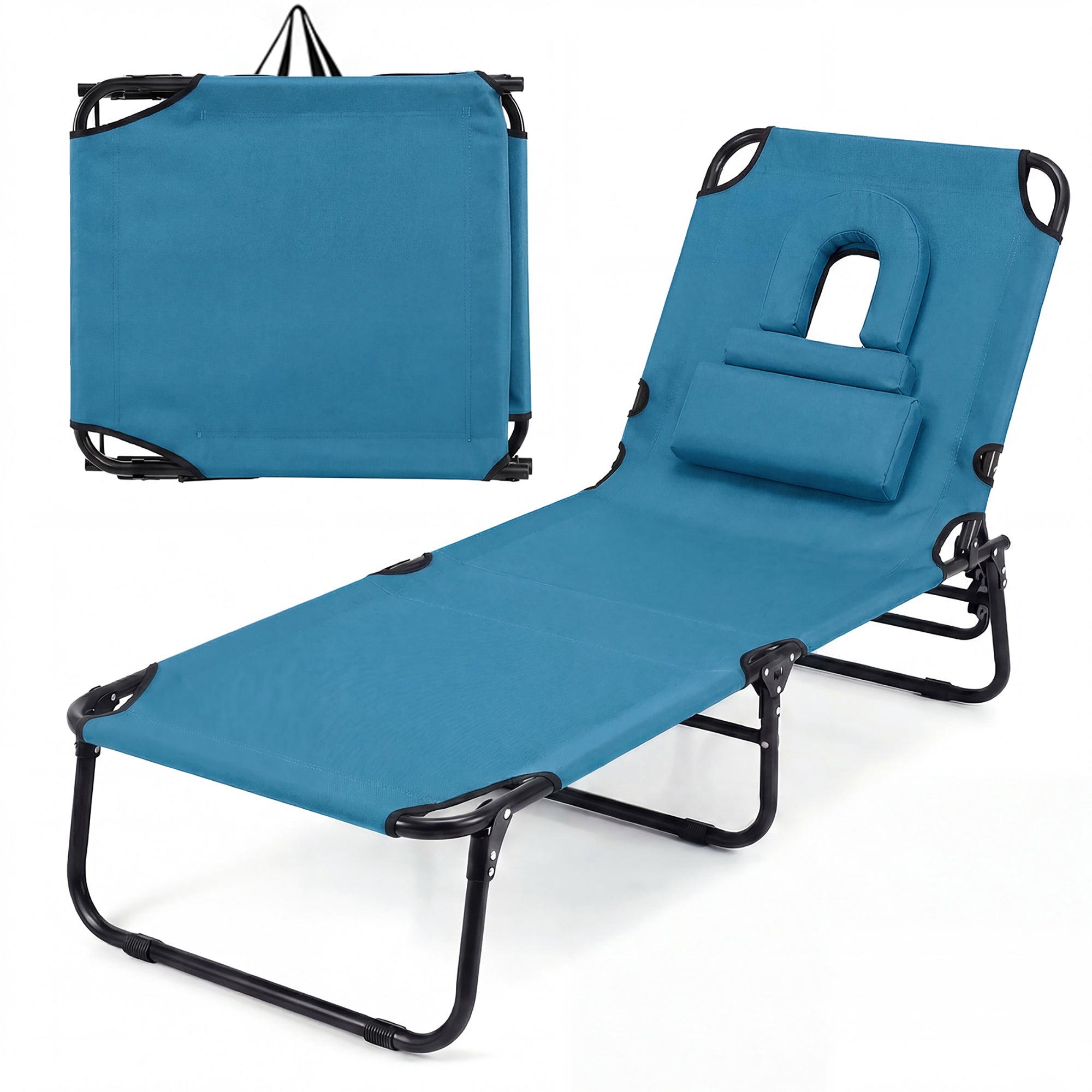 ELLEGNT 1 PCS Beach Lounger with 4?Position Reclining Backrest, Removable Pillows and Face Hole-Folding Design, Blue