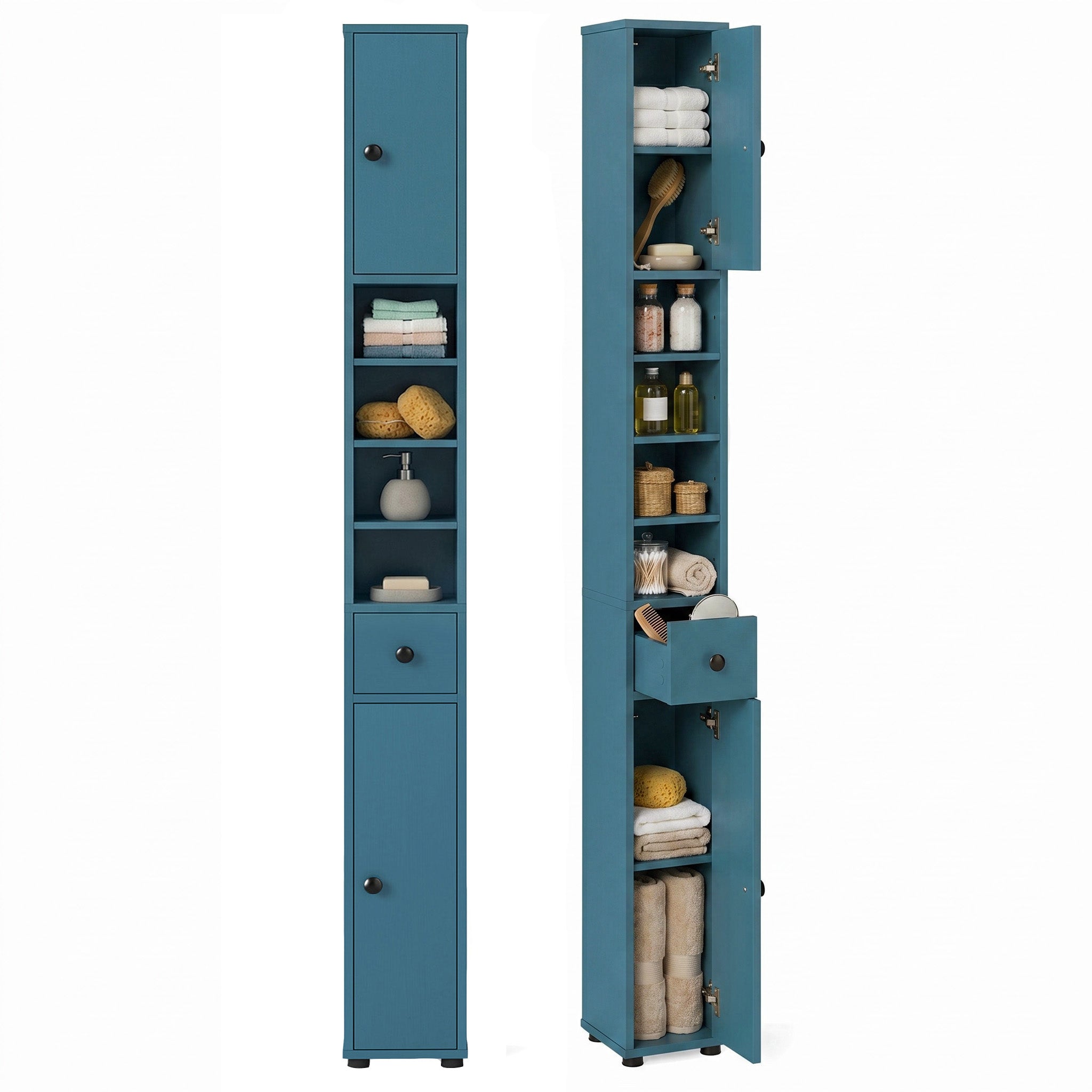 ELLEGNT 2 PCS Slim Tall Cabinet for Bathroom-2 Doors, 1 Drawer, 5 Adjustable Shelves, Space?Saving, Blue