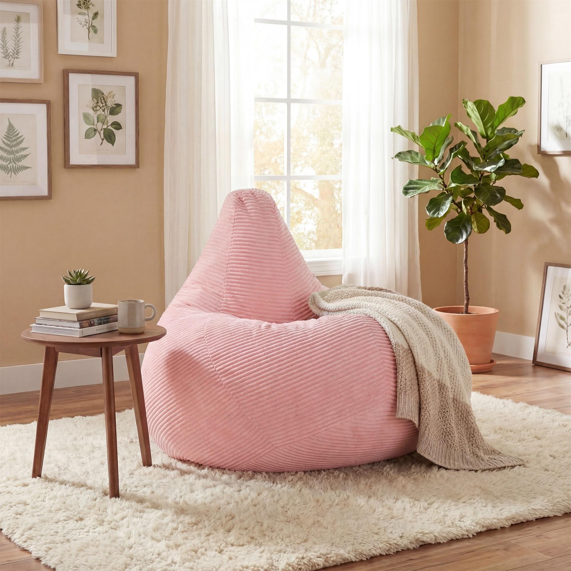 ELLEGNT Adult Bean Bag Chair-Soft Corduroy Cover and Sponge Filling for Living Room, Bedroom, or Dorm Pink
