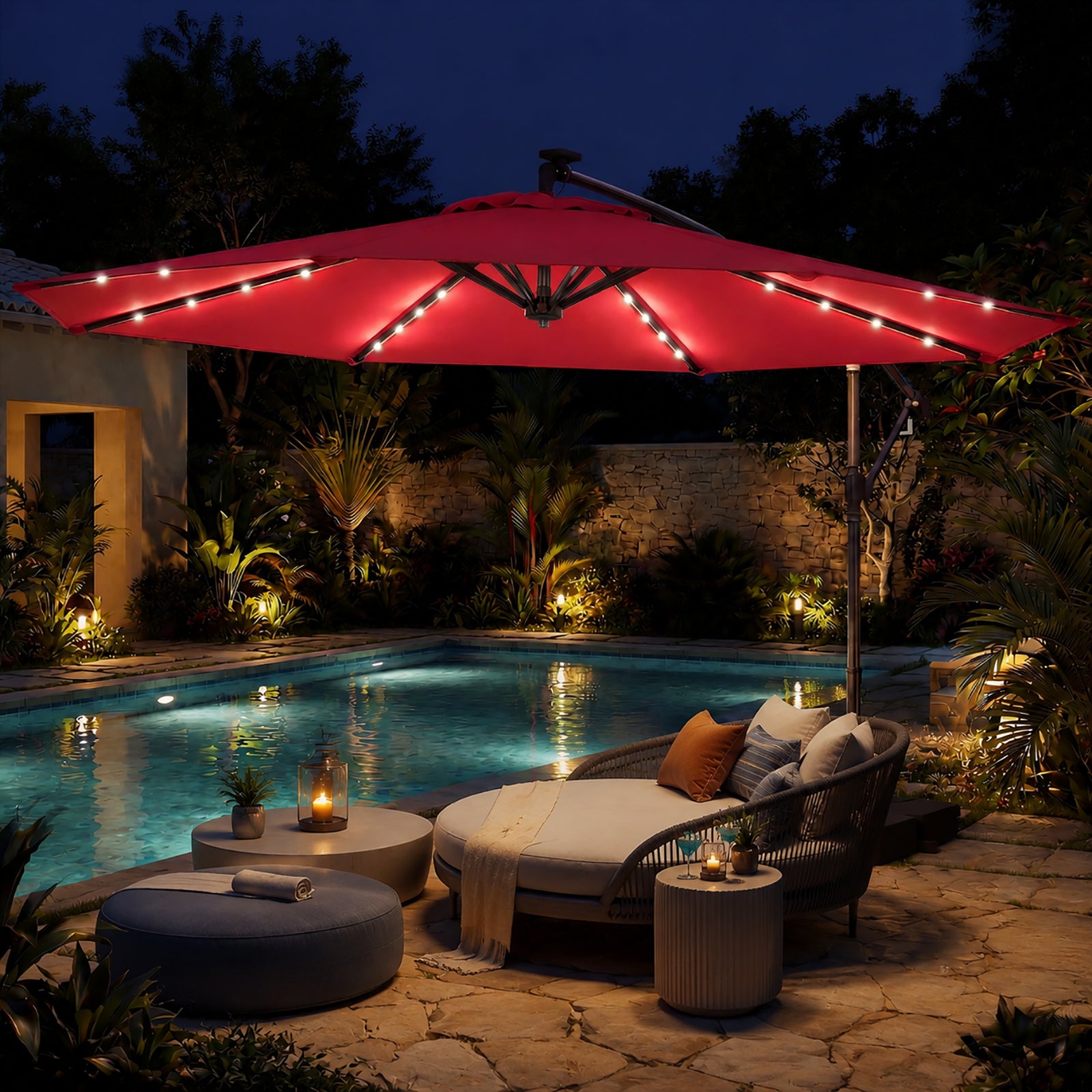 ELLEGNT 10 FT Solar Cantilever Umbrella-Offset Hanging Patio Umbrella with 32 LED Lights for Outdoor Use, Red