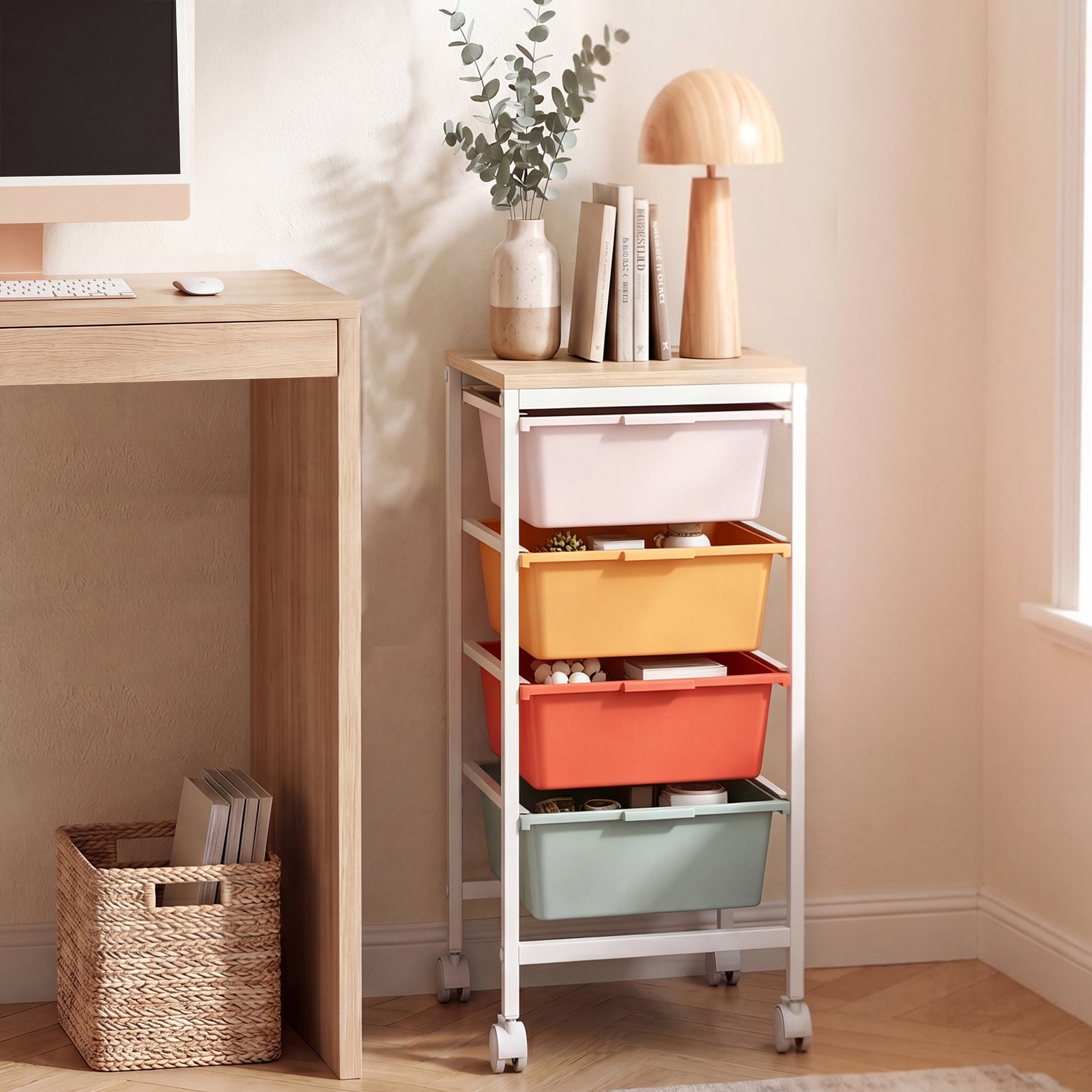 ELLEGNT Wooden Top Rolling Storage Cart-4 Drawers, Lockable Casters, Metal Frame, for Art and Craft, Natural + Macaron