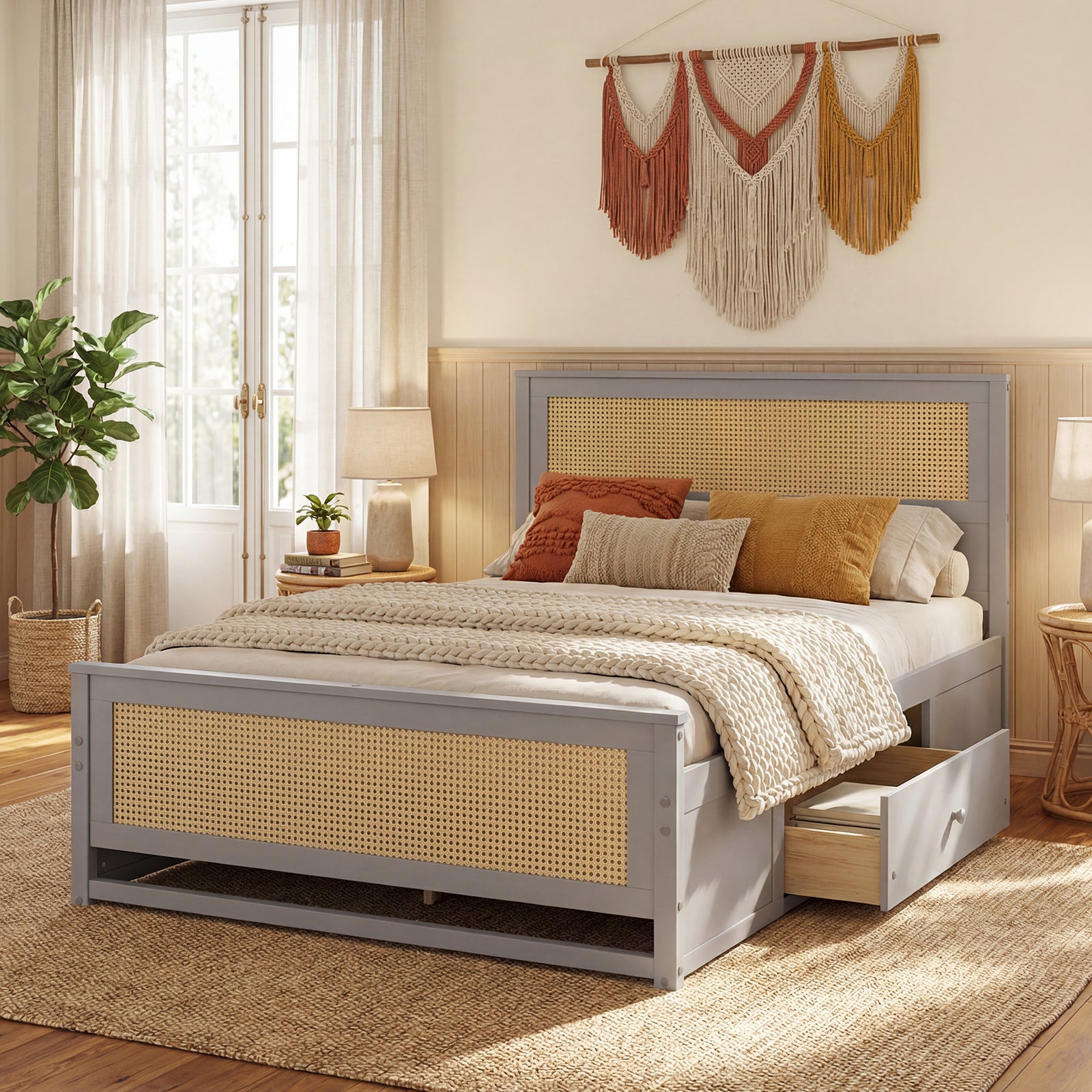 ELLEGNT Full Size Bed Frame with Rattan Headboard and 2 Drawers Gray