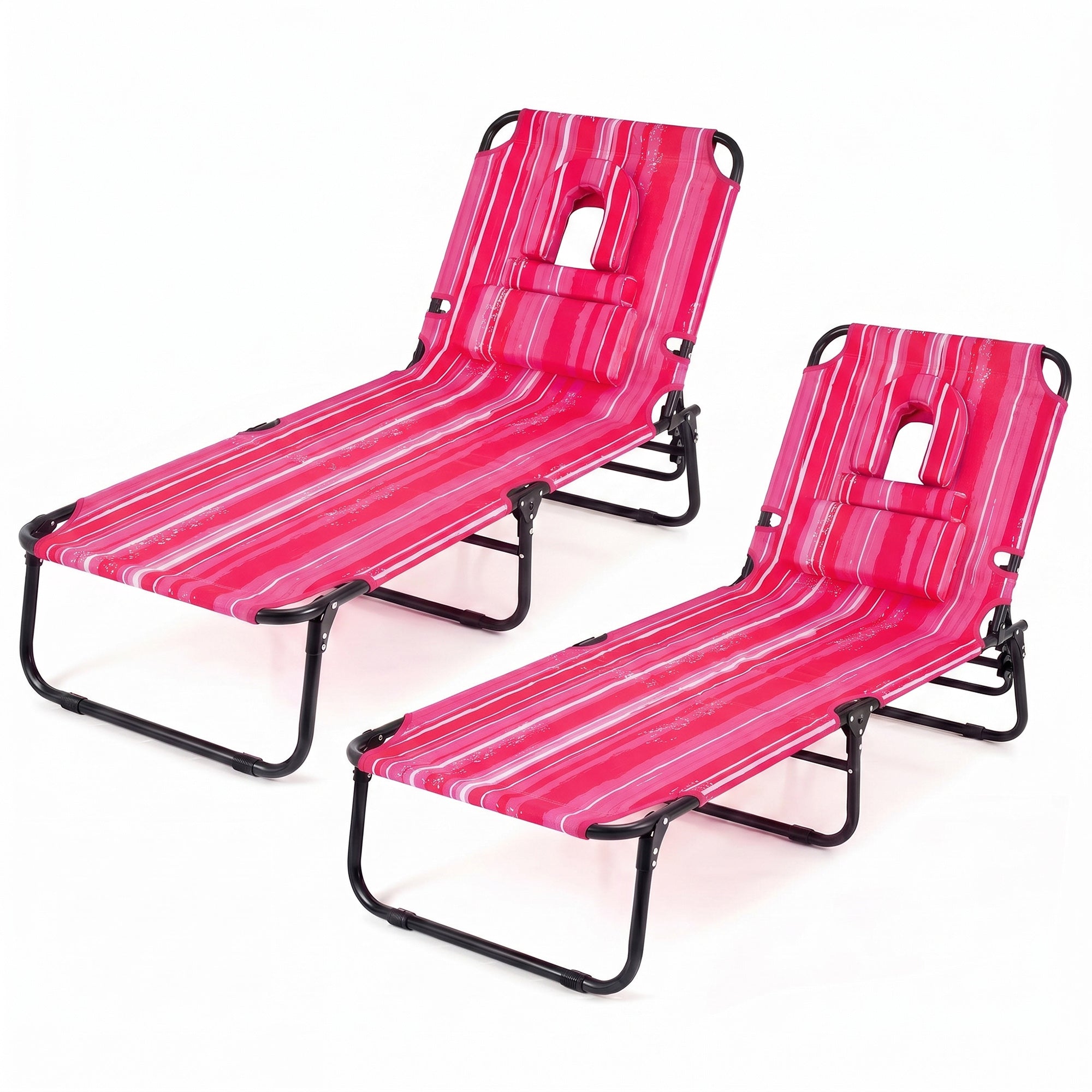 ELLEGNT 2 PCS Beach Lounger with 4?Position Reclining Backrest, Removable Pillows and Face Hole-Folding Design, Pink Stripe