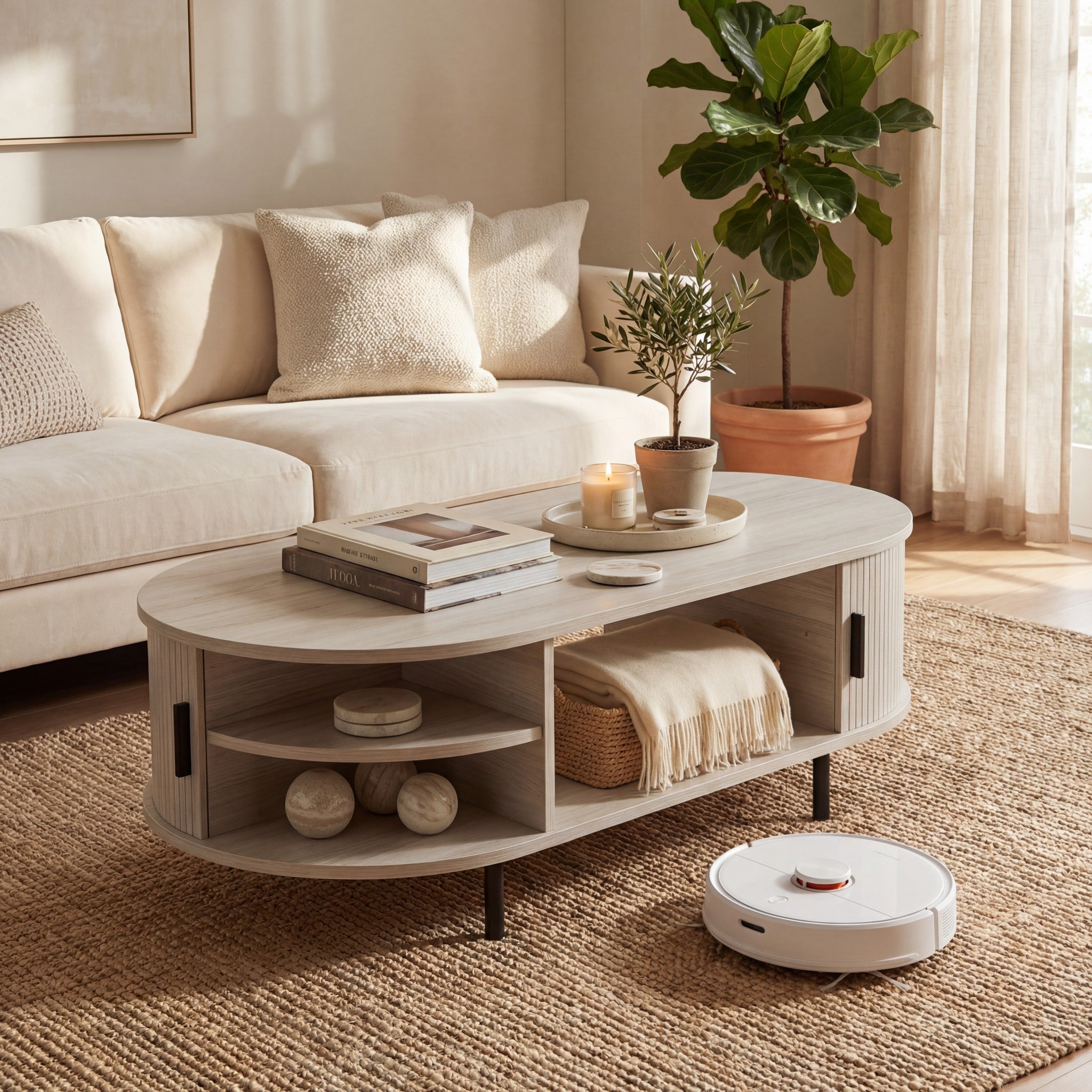 ELLEGNT 47.5 in Wooden Oval Coffee Table with Sliding Tambour Doors-Center Table with Storage,Rustic Oak