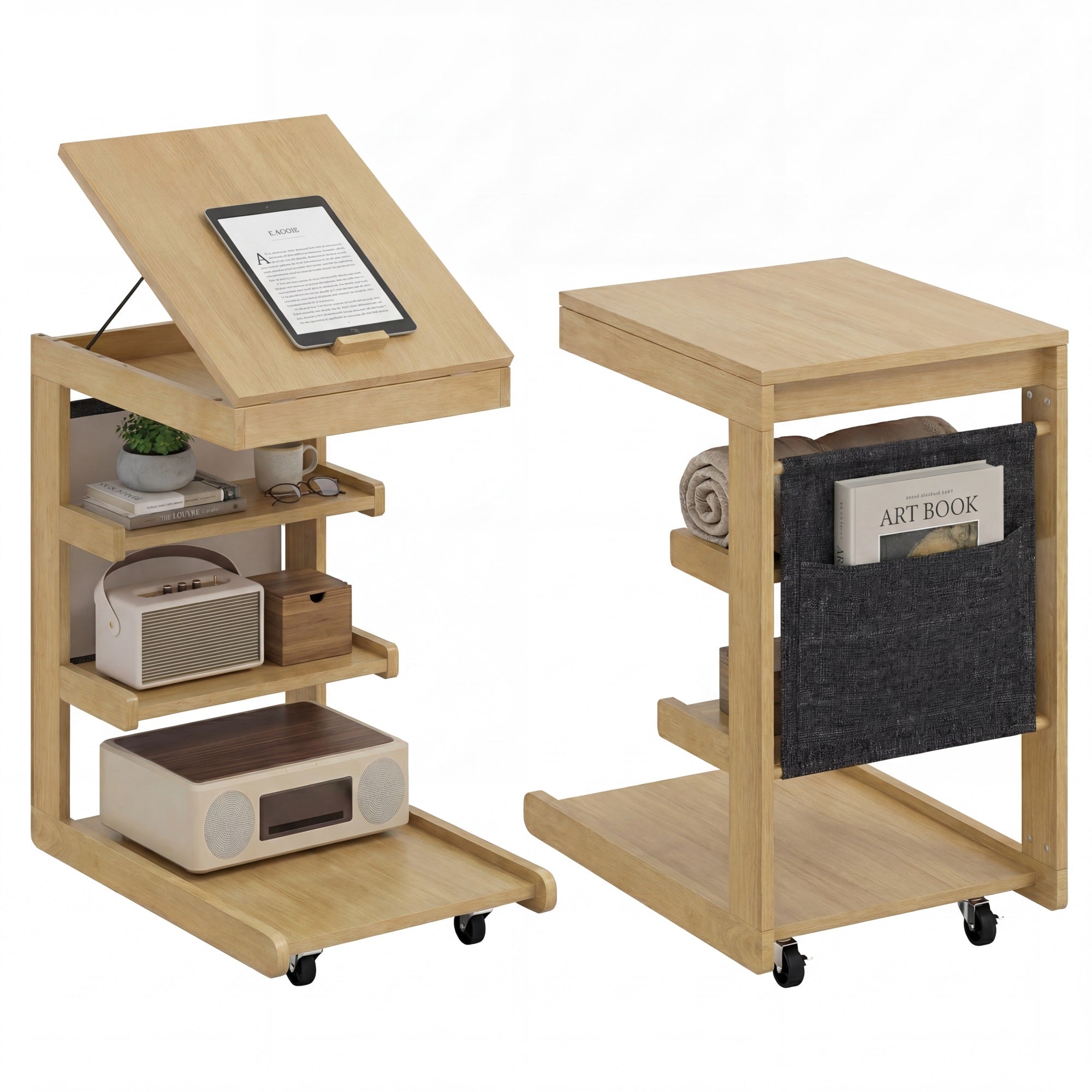 ELLEGNT 2 PCS Rolling C-Table with Storage Pocket, Height-Adjustable Top, Edge Stopper, Natural