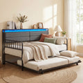 ELLEGNT Trundle Daybed with LED Lights and Charging Station-Upholstered Storage Headboard for Bedroom or Office, Rustic Brown + Black