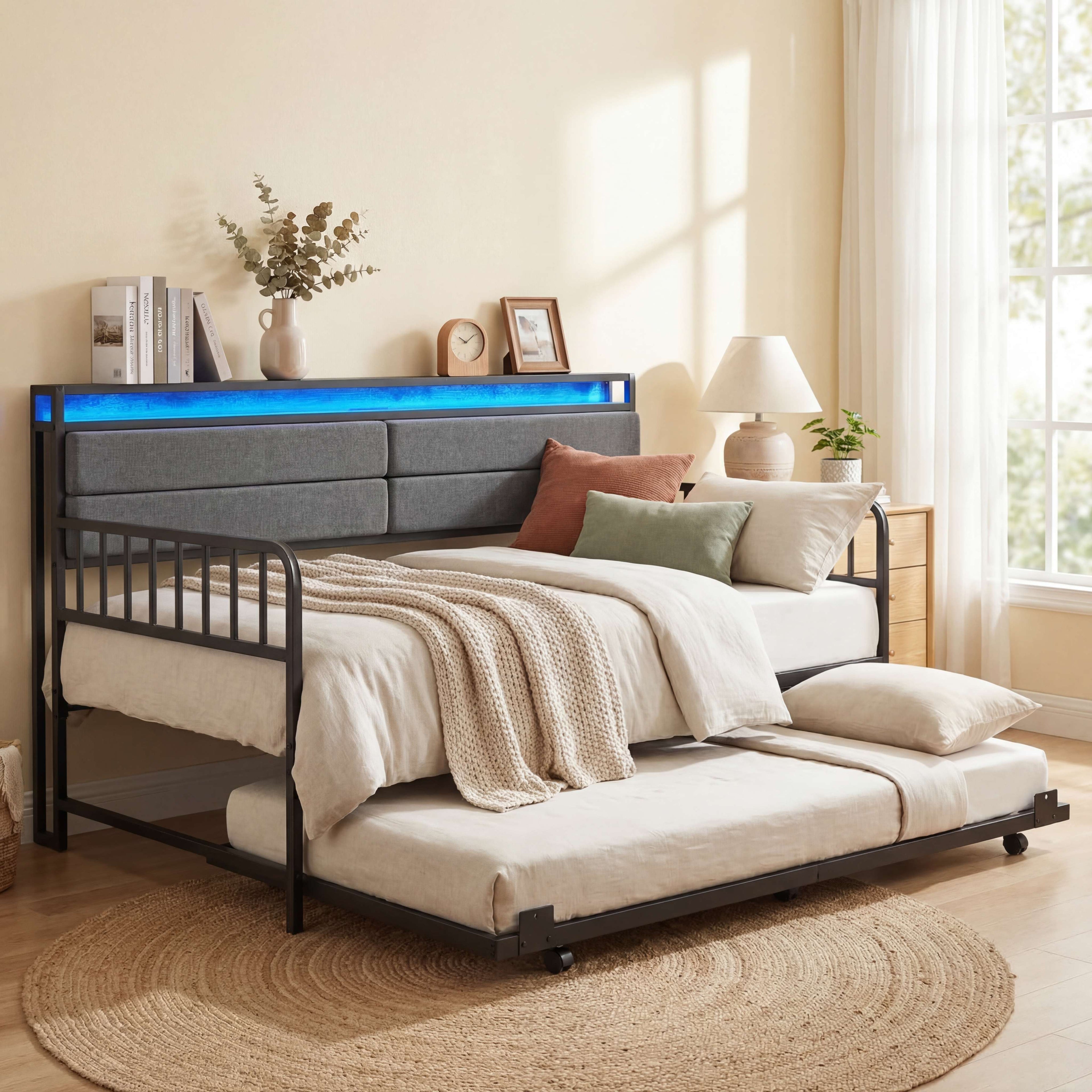 ELLEGNT Trundle Daybed with LED Lights and Charging Station-Upholstered Storage Headboard for Bedroom or Office, Rustic Brown + Black