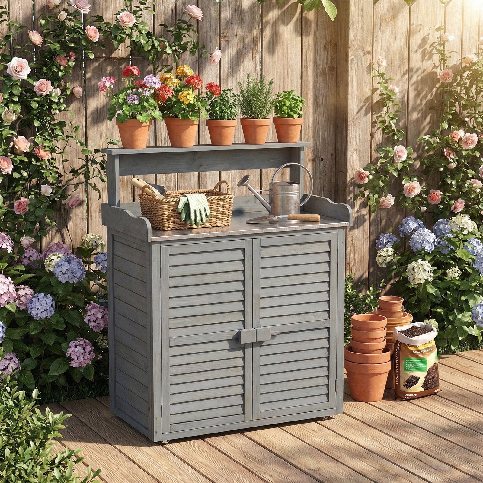 ELLEGNT Outdoor Potting Bench with Galvanized Metal Countertop-Wooden Garden Table with 3 Hanging Hooks for Tools and Supplies, Natural