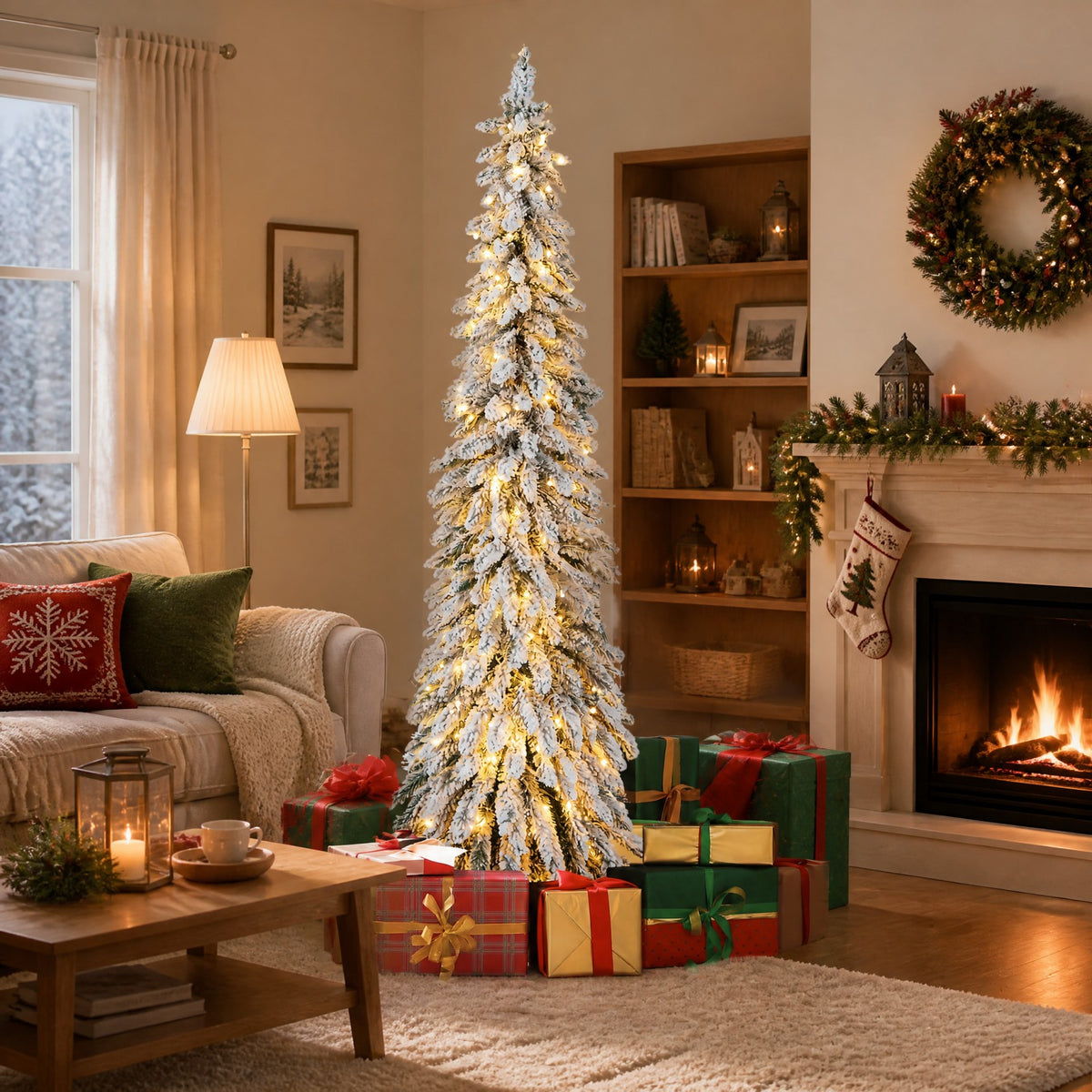 ELLEGNT 6 FT Pre Lit Artificial Snow Flocked Pencil Christmas Tree with LED Lights and 11 Modes