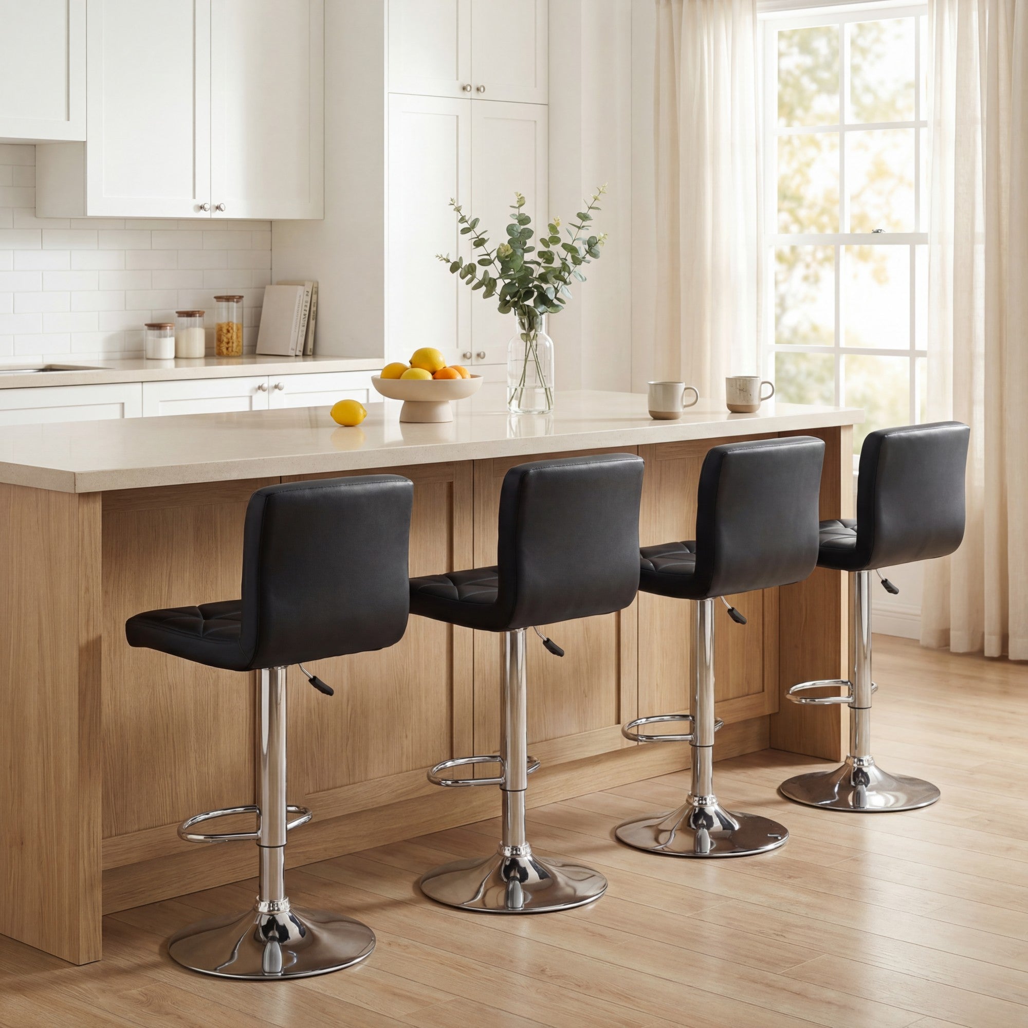 ELLEGNT 4 PCS Adjustable Swivel Bar Stools-Faux Leather, Back and Footrest for Kitchen and Home Bar, Black