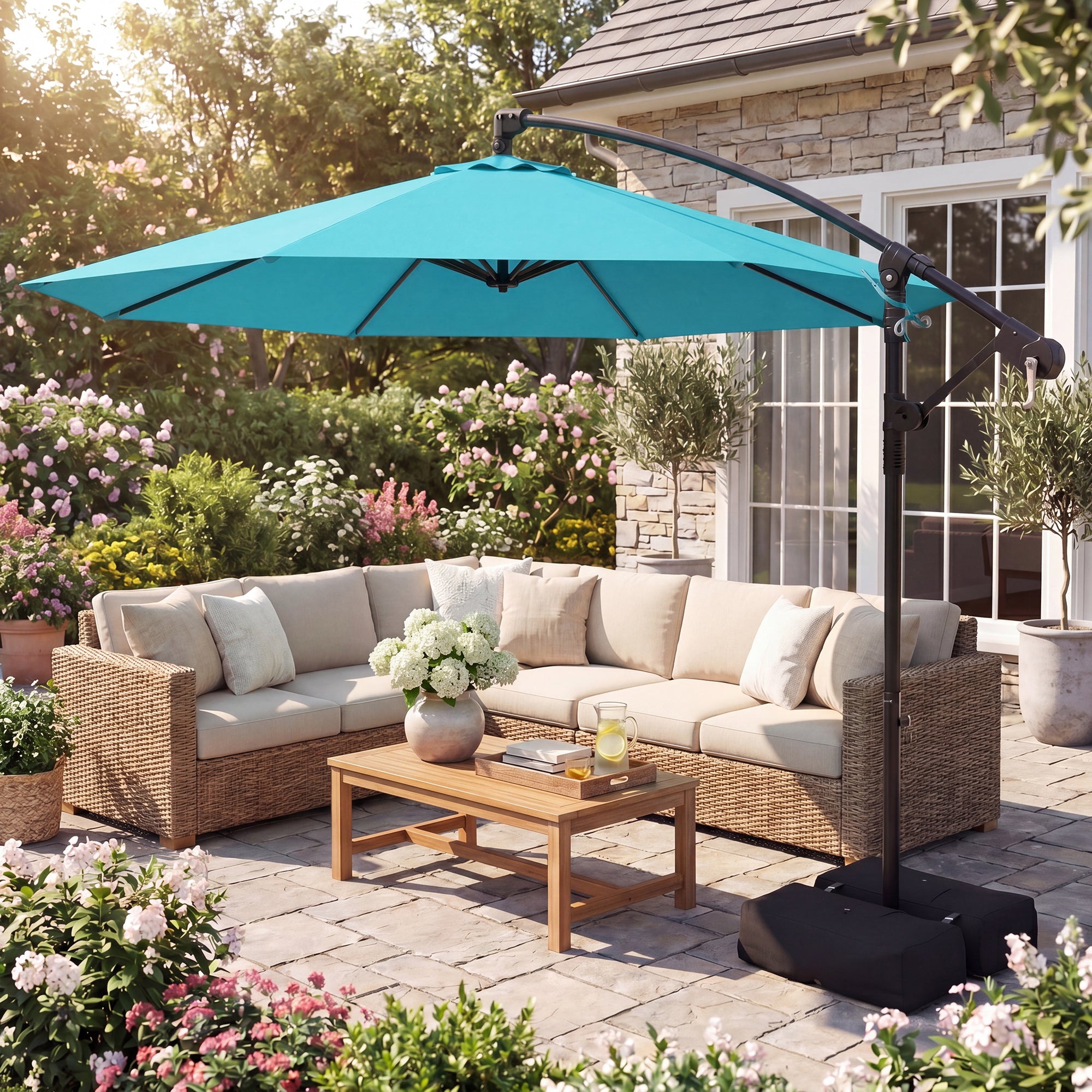 ELLEGNT 10 FT Offset Cantilever Umbrella-Hanging Patio Umbrella with Base, 360¡ã Swivel, Turquoise