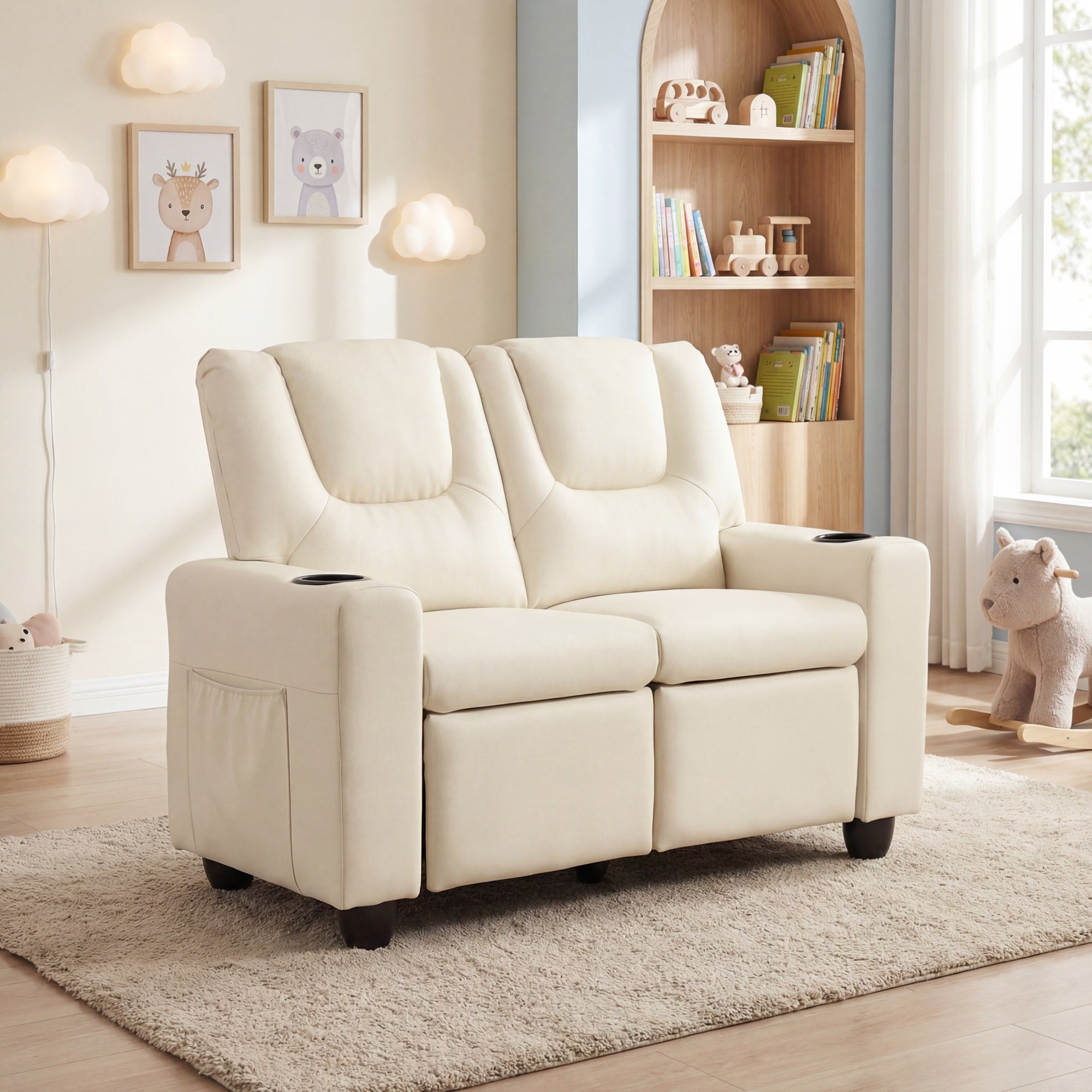 ELLEGNT 2-Seater Kids Recliner-Adjustable Back, Cup Holders and Side Pockets Beige