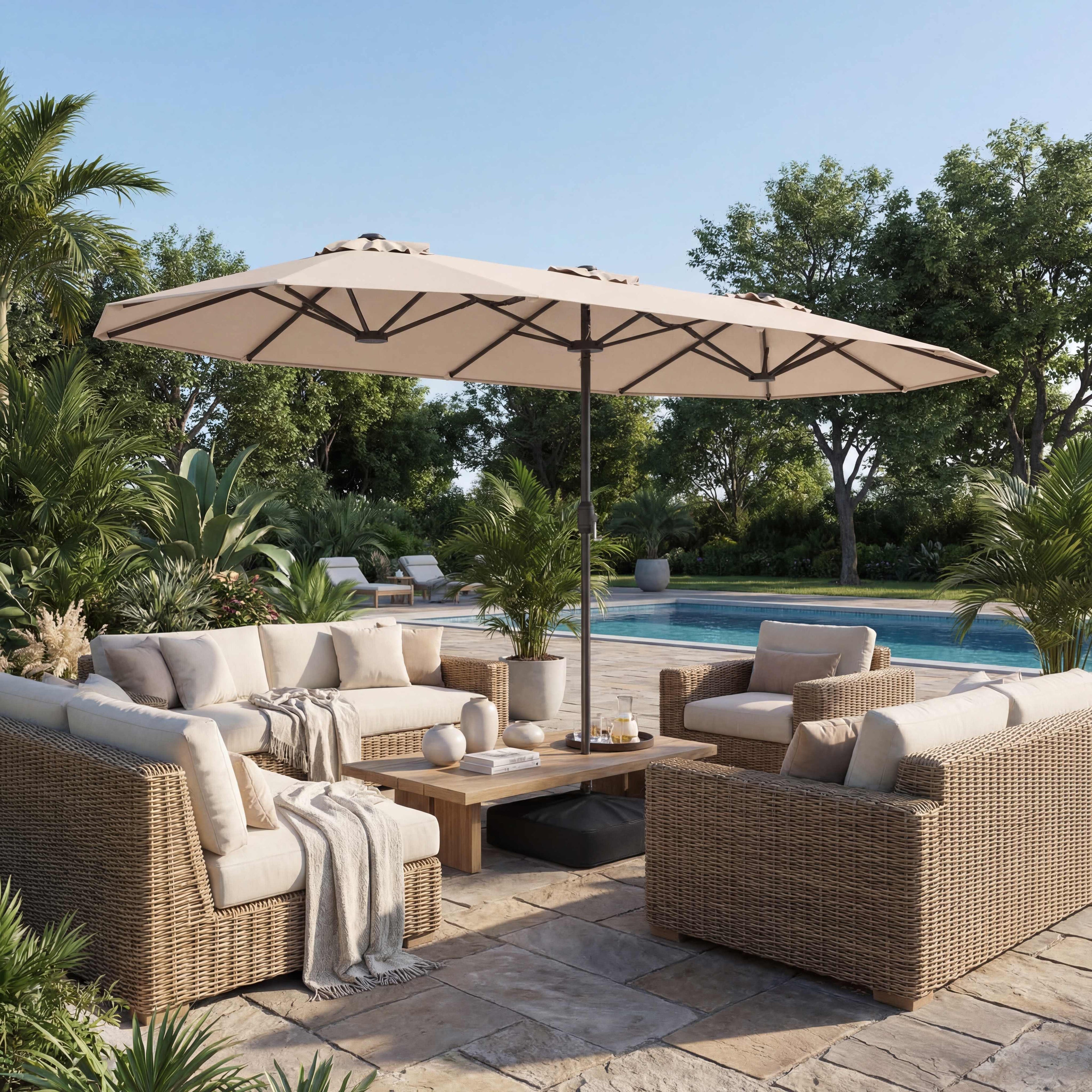 ELLEGNT 13FT Double-Sided Patio Umbrella- with Crank Handle, Safety Lock and Base Beige